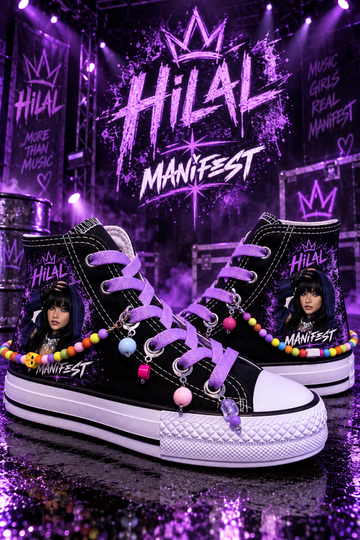 Manifest Hilal Baskılı Siyah Boncuk ve Halhallı Spor Ayakkabı Sneaker 