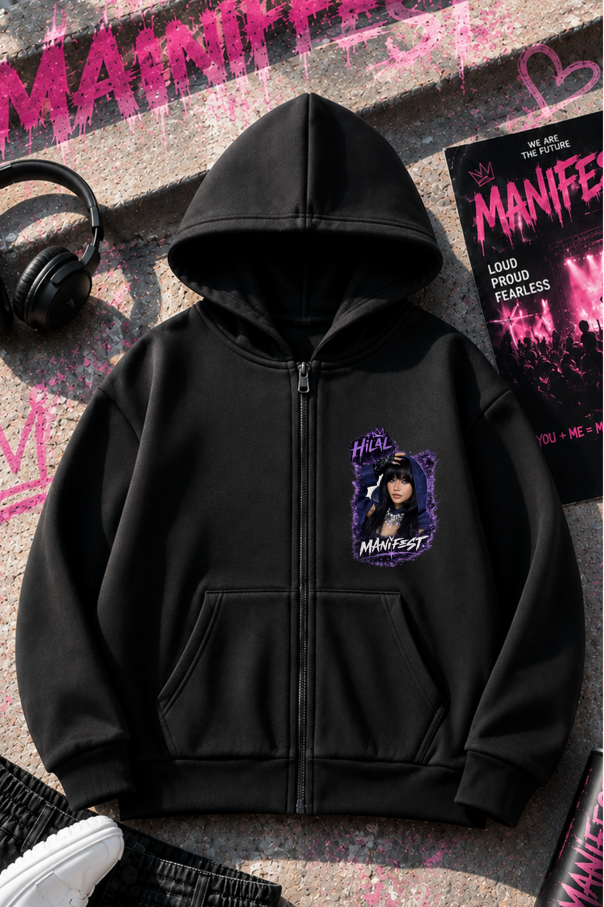 Manifest Hilal Baskılı Siyah Fermuarlı Hırka Sweatshirt 