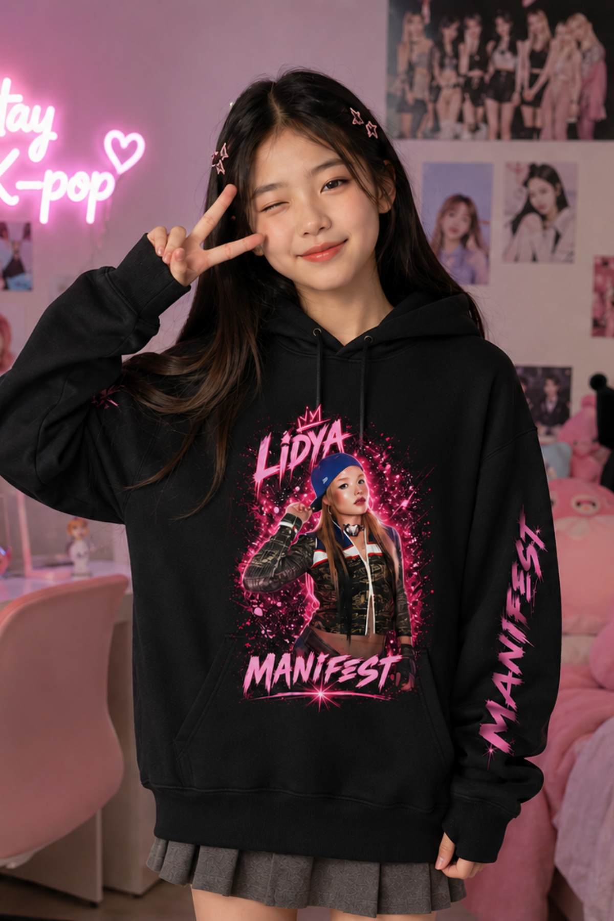 Manifest Lidya Baskılı Siyah 3 İplik Şardonsuz Sweatshirt