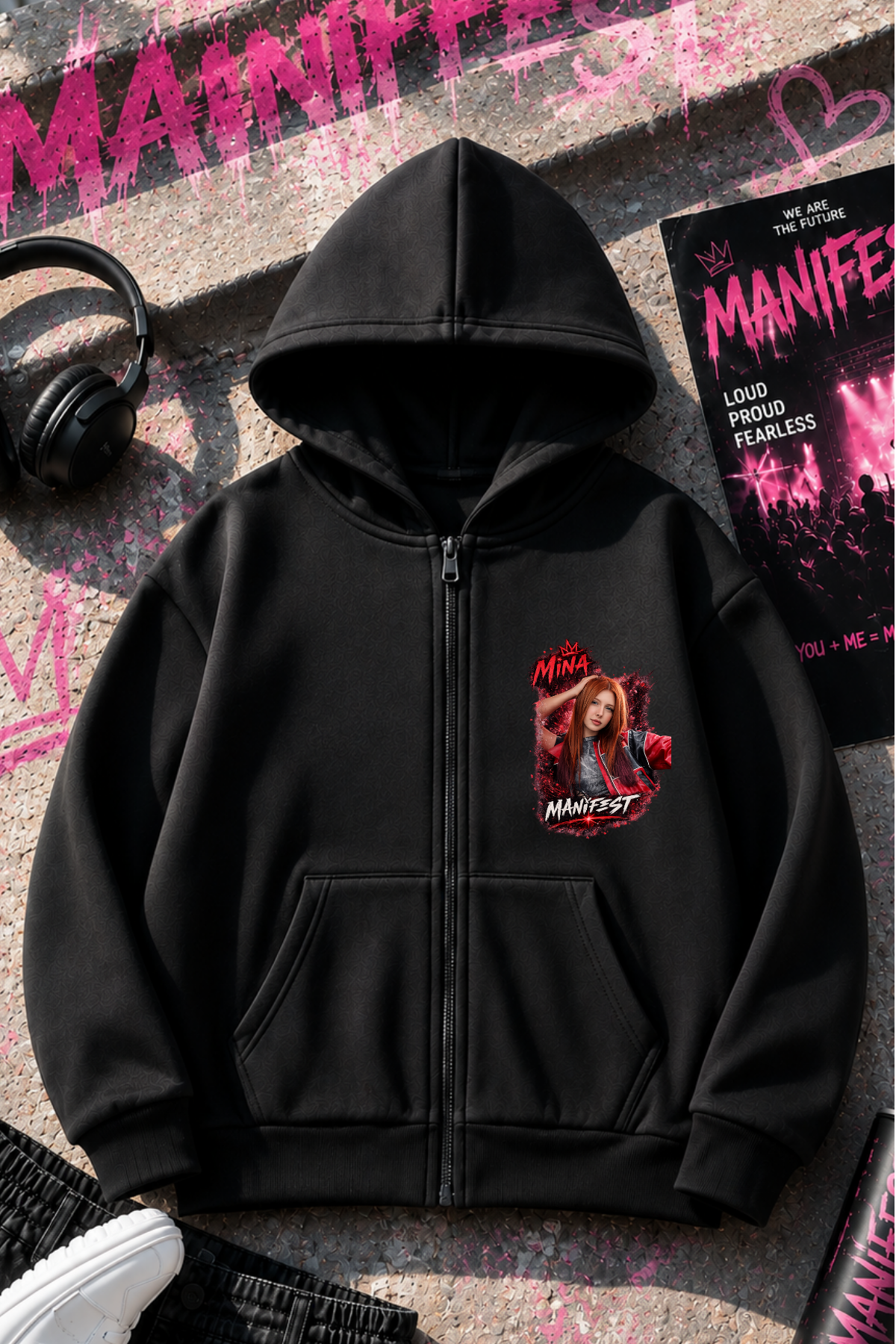 Manifest Mina Baskılı Siyah Fermuarlı Hırka Sweatshirt 