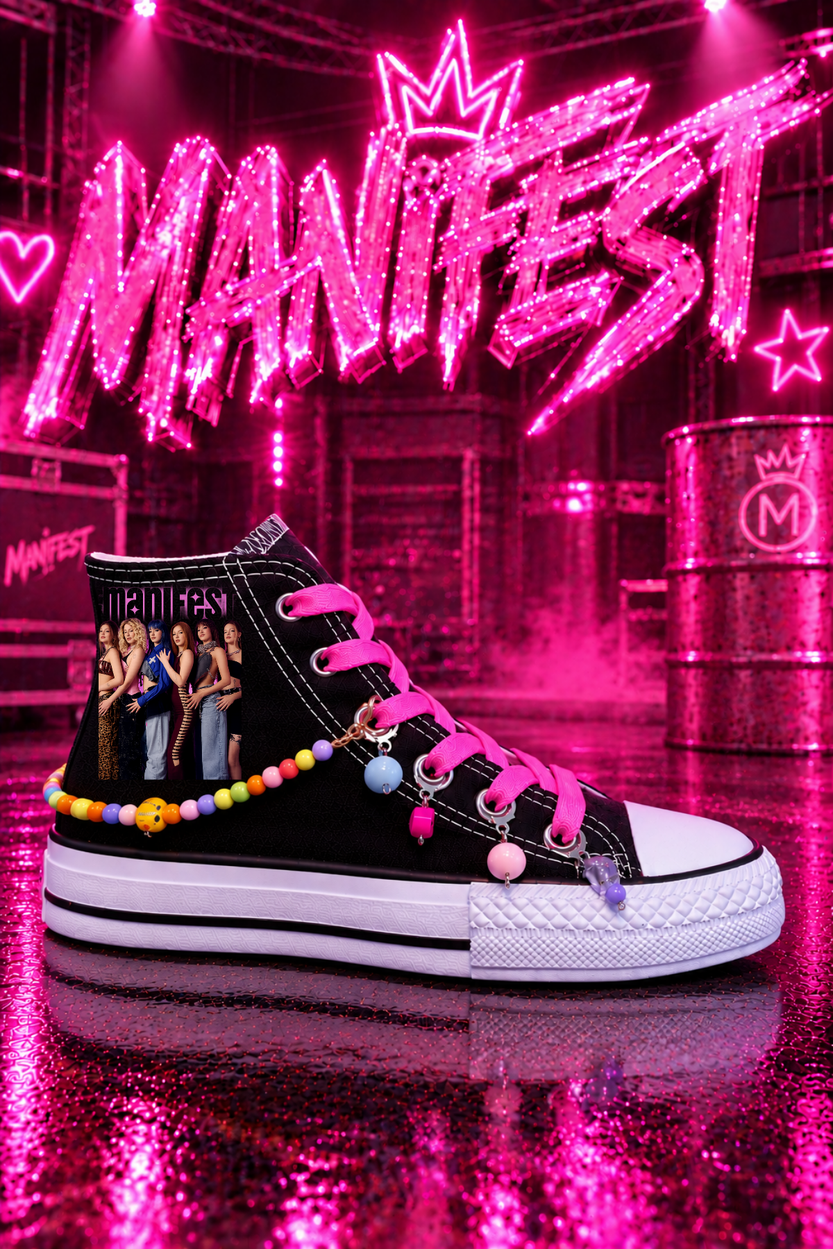 Manifest Pembe Baskılı Siyah Boncuk ve Halhallı Spor Ayakkabı Sneaker 