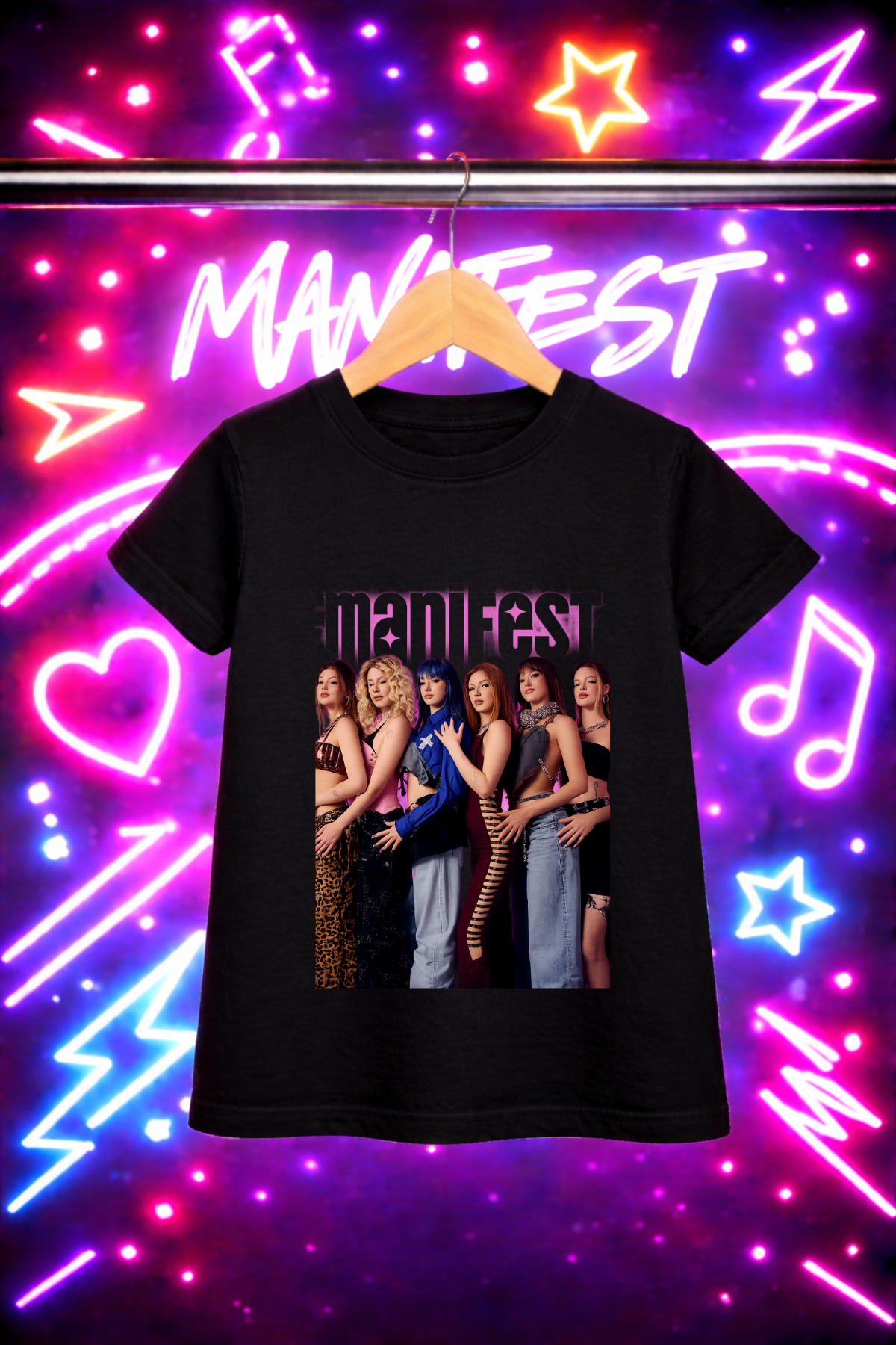 Manifest Pembe Gölge Yazı Baskılı Siyah Tişört