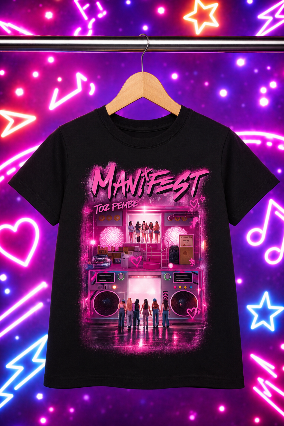 Manifest Toz Pembe Yeni Baskılı Siyah Tişört Tshirt
