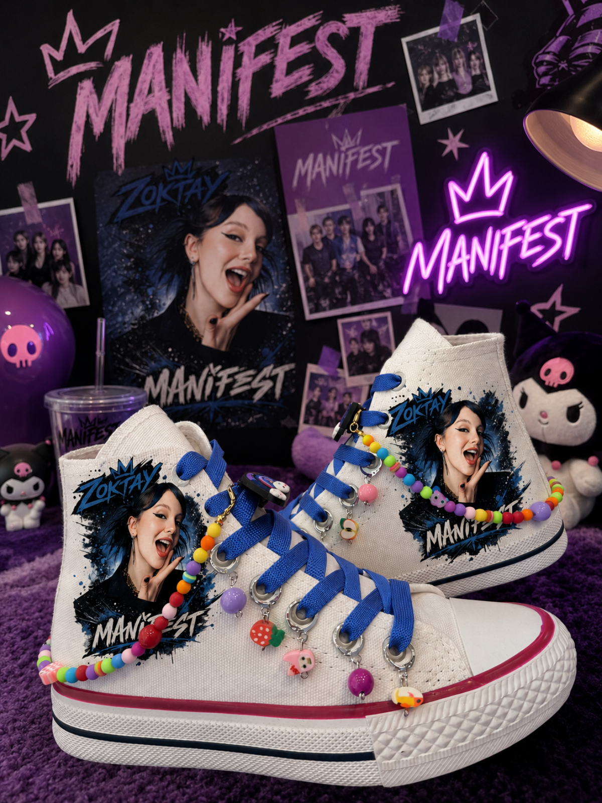 Manifest Zoktay Baskılı Beyaz Bilekli Boncuk Ve Halhallı Spor Ayakkabı Sneaker 