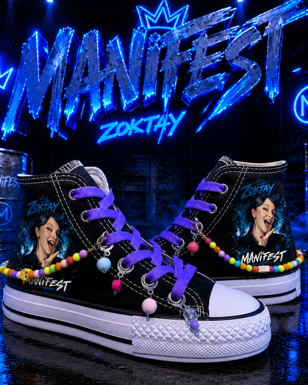 Manifest Zoktay Baskılı Siyah Boncuk ve Halhallı Spor Ayakkabı Sneaker 