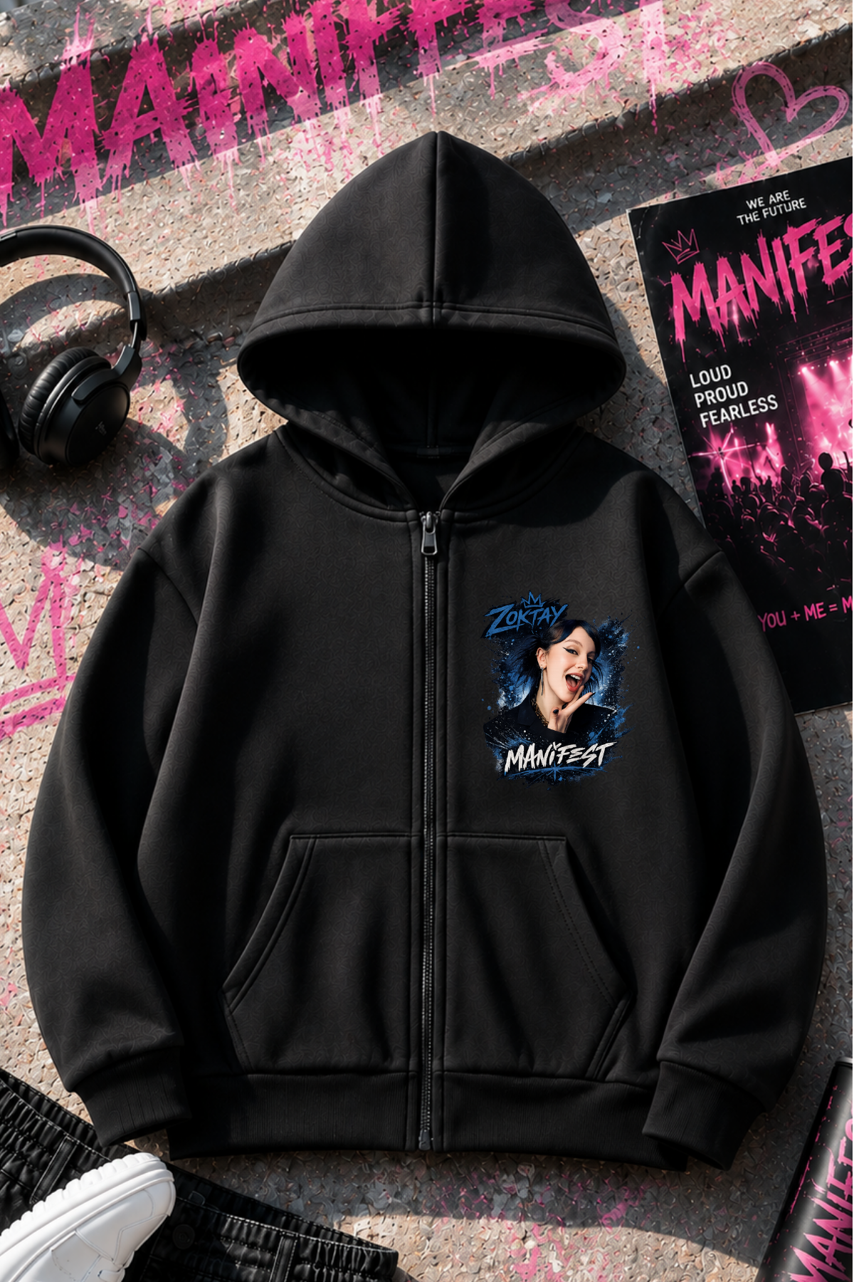 Manifest Zoktay Baskılı Siyah Fermuarlı Hırka Sweatshirt 