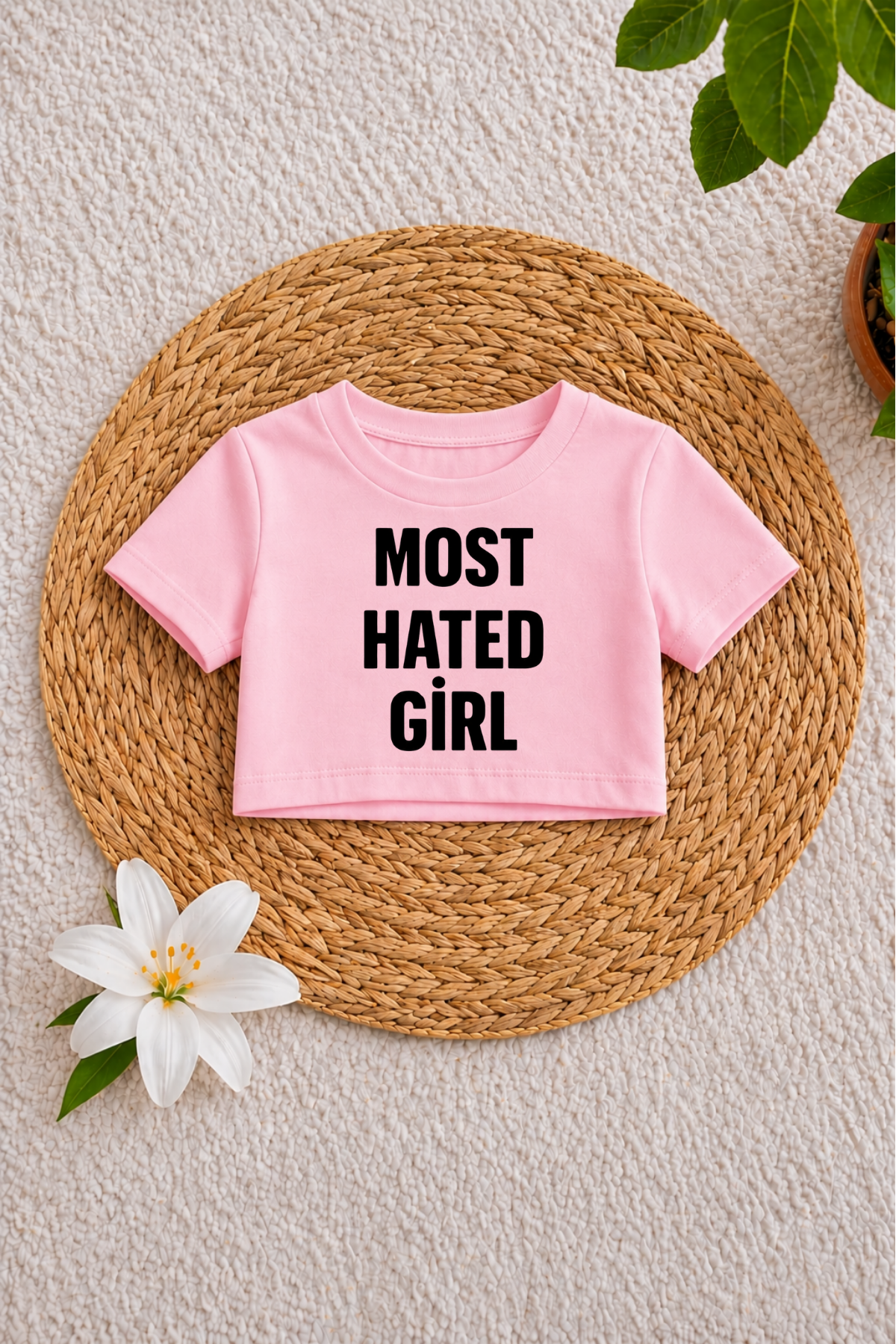 Most Hated Girl Baskılı Pembe Crop