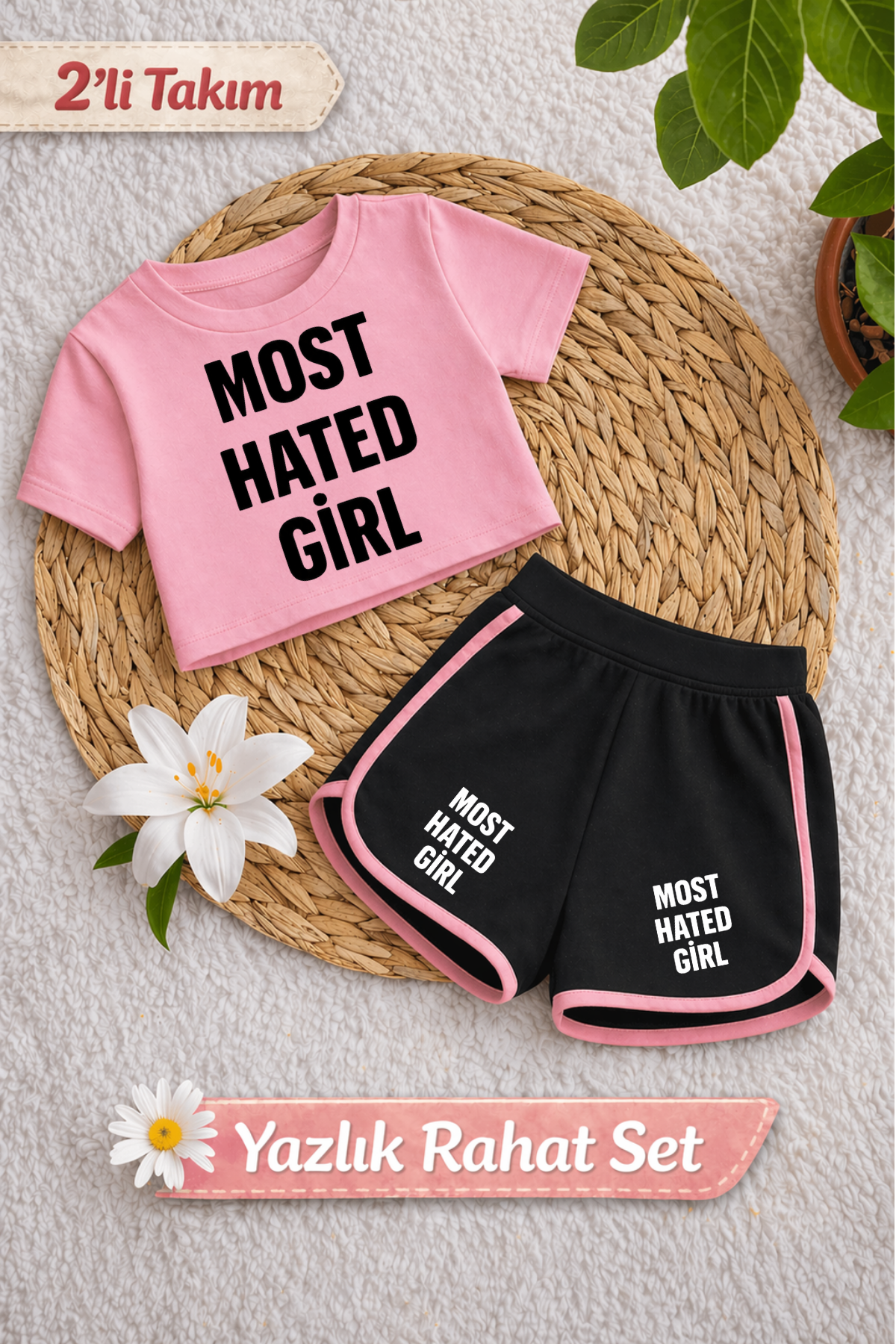 Most Hated Girl Basklı Pembe Crop-Siyah Şort Takım 