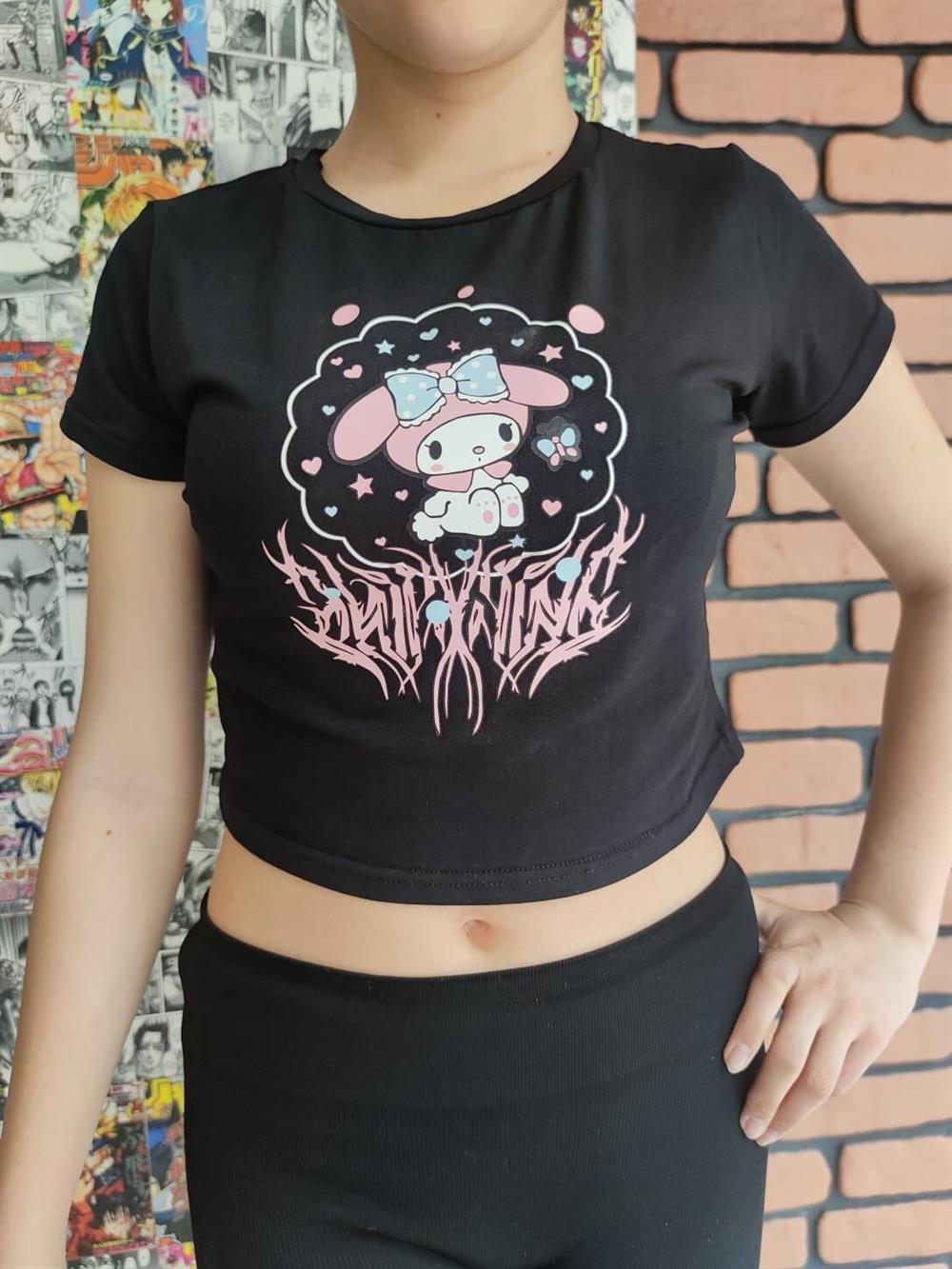 My Melody Saçaklı Pembe Baskılı Siyah Crop