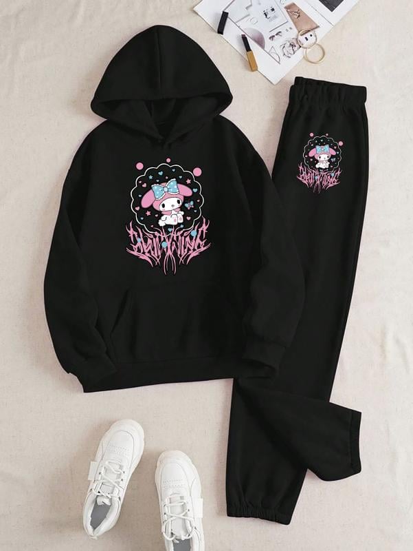 Mymelody Saçaklı Baskılı Kapüşonlu Üst Eşofman Takım 