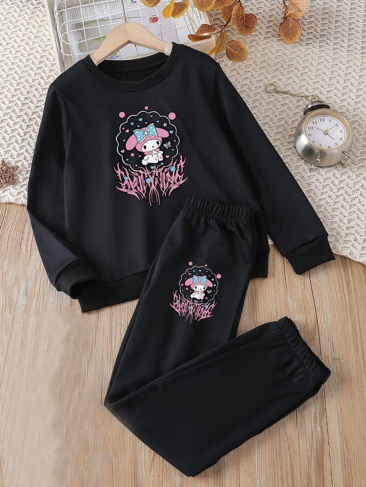 Mymelody Saçaklı  Baskılı Siyah Eşofman Takımı