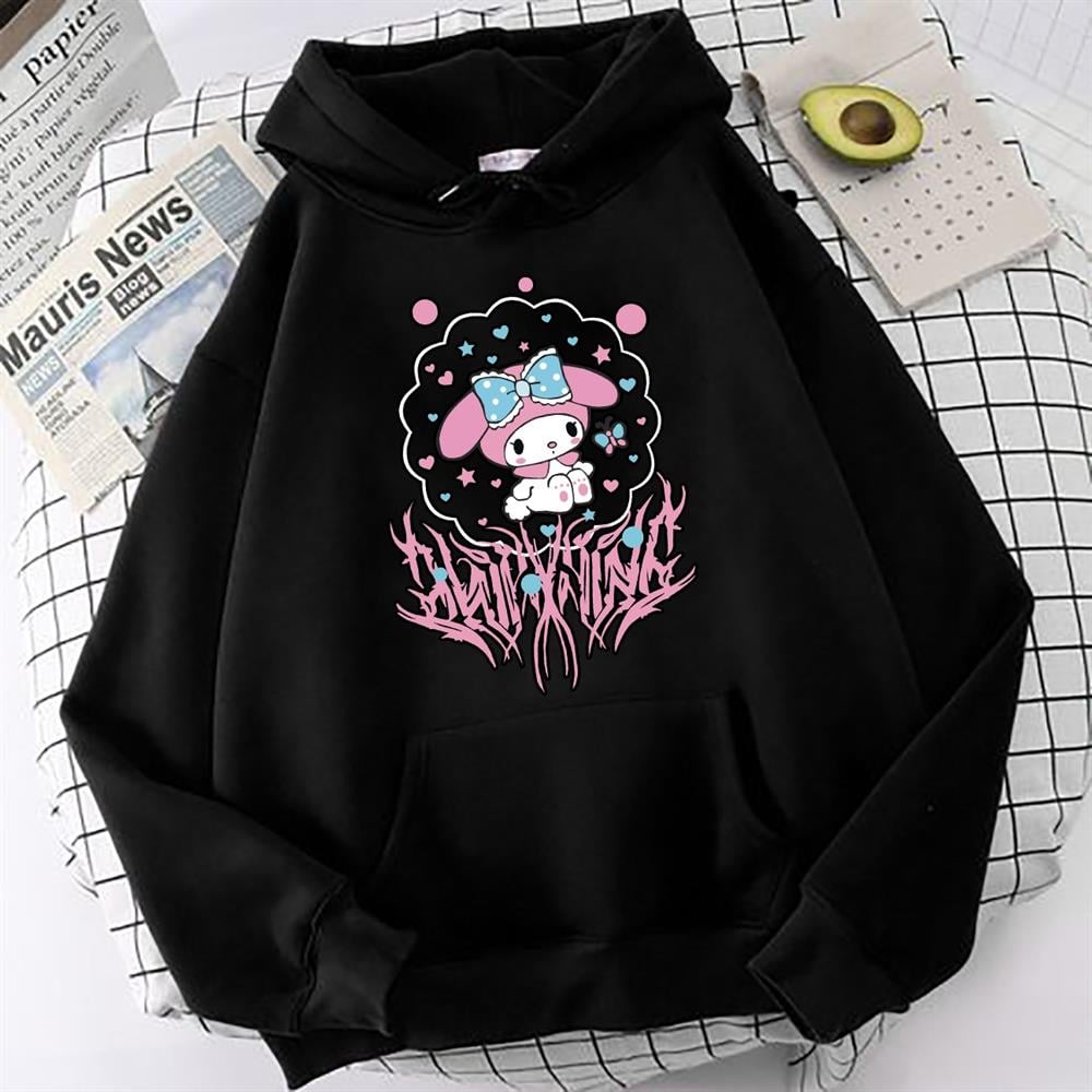 Mymelody Saçaklı Baskılı Siyah Oversize Sweatshirt Kapüşonlu Hoodie