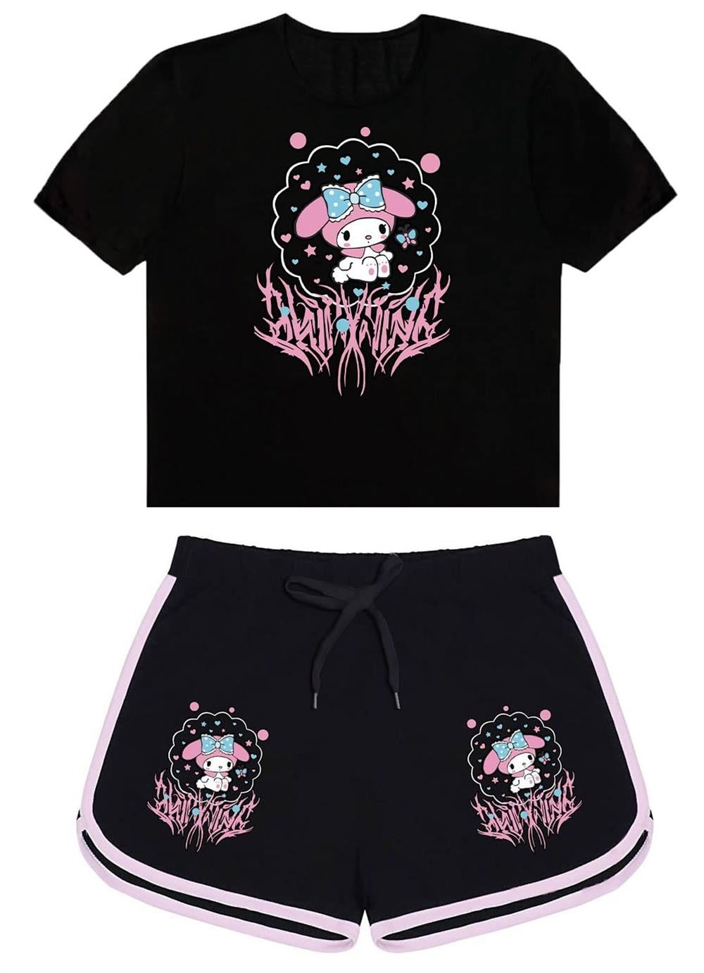Mymelody Saçaklı Baskılı Siyah Tshirt Ve MyMelody Saçaklı  Siyah Şort Kombin