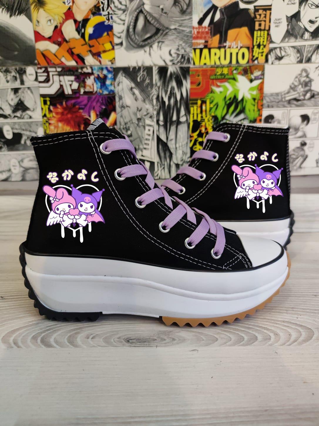 Mymelody&Kuromi Kalp Baskılı Siyah Tırtıklı Taban Spor Ayakkabı Sneaker