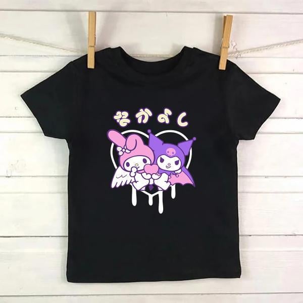 Mymelody&Kuromi Kalp Baskılı Siyah Tshirt Tişört