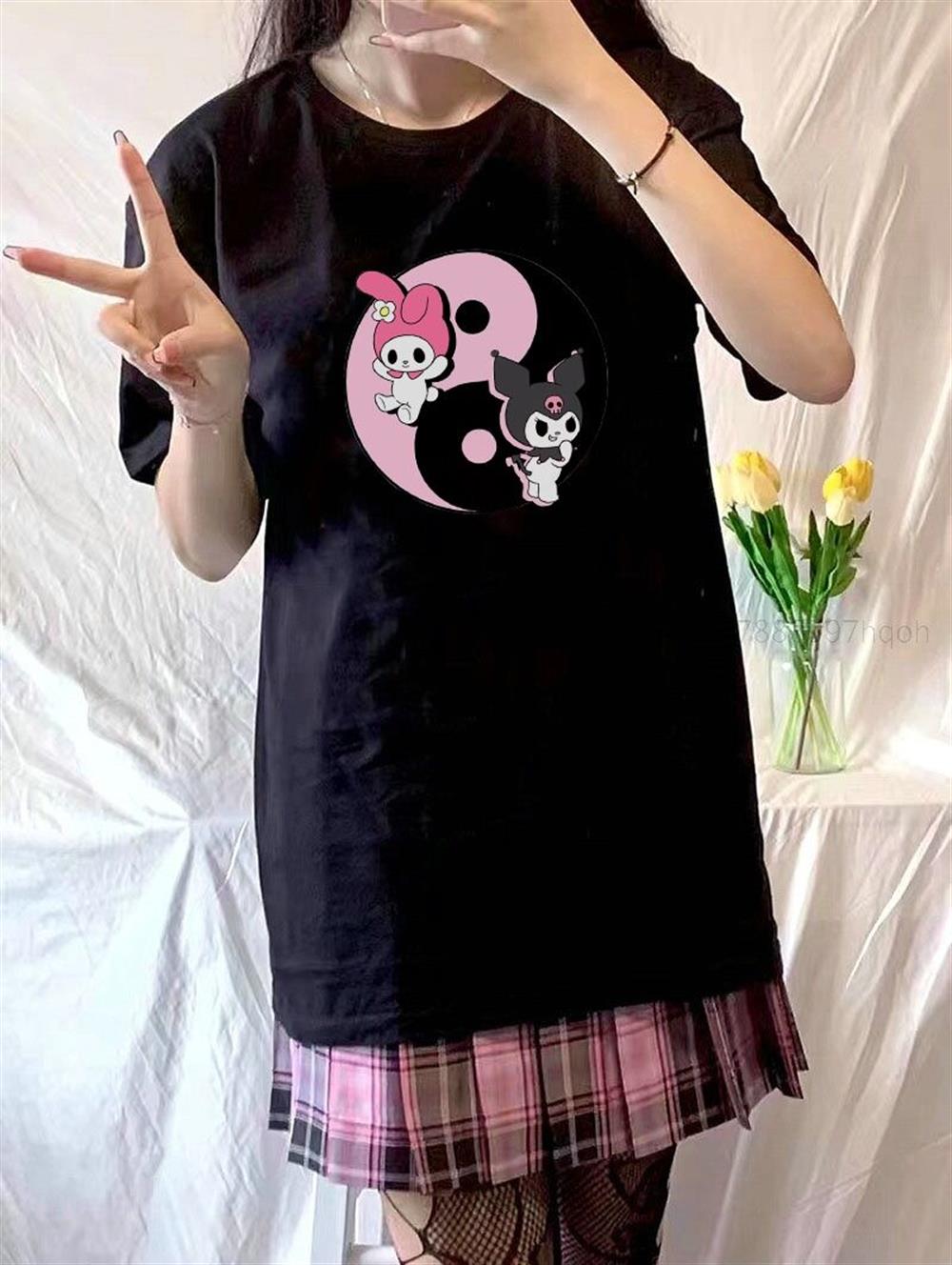Mymelody&Kuromi YinYang Baskılı Siyah Tshirt tişort