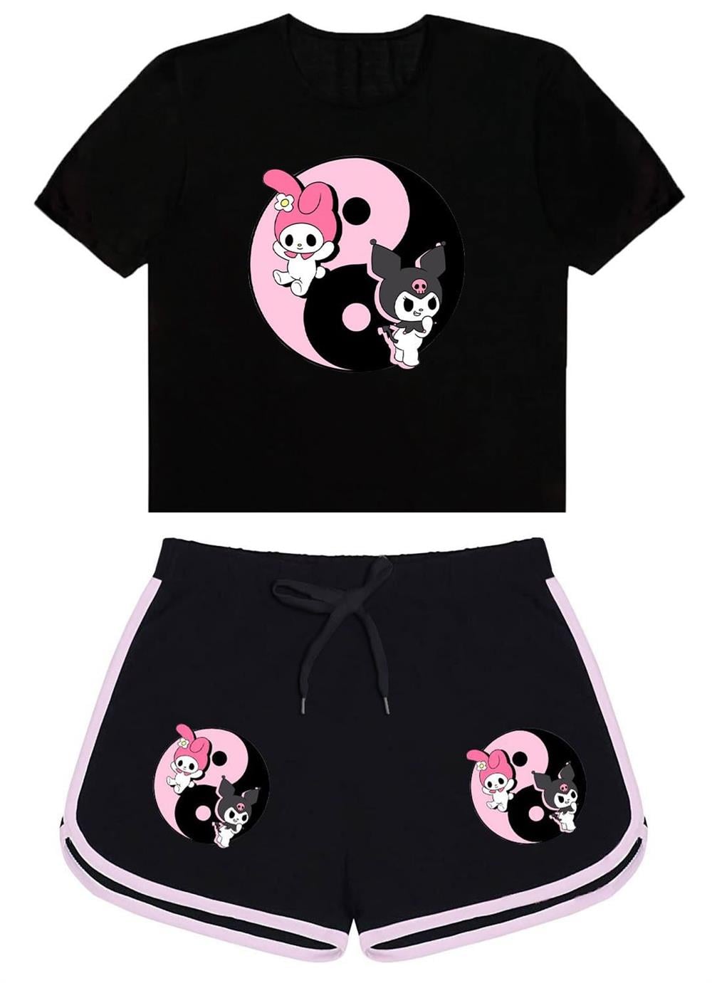 Mymelody&Kuromi Yinyang Baskılı Siyah Tshirt Ve MyMelody&kuromi YinYng Siyah Şort Kombin