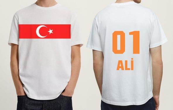 Ön Tarafta Türkiye AyYıldız Baskısı Arka Tarafta Numara Ve İsim Baskılı Beyaz Kişiye Özel Tişört (şehir 01 detaylı)