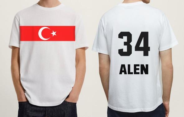 Ön Tarafta Türkiye AyYıldız Baskısı Arka Tarafta Numara Ve İsim Baskılı Beyaz Kişiye Özel Tişört (şehir 34 B detaylı)