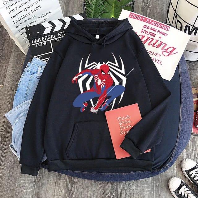 Örümcek Adam Ve Örümcek Baskılı Siyah Oversize Sweatshirt Kapüşonlu Hoodie