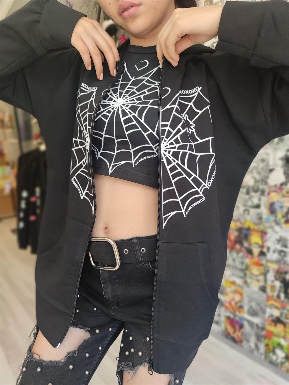 Örümcek Ağ Baskılı Siyah Fermuarlı Hırka Sweatshirt