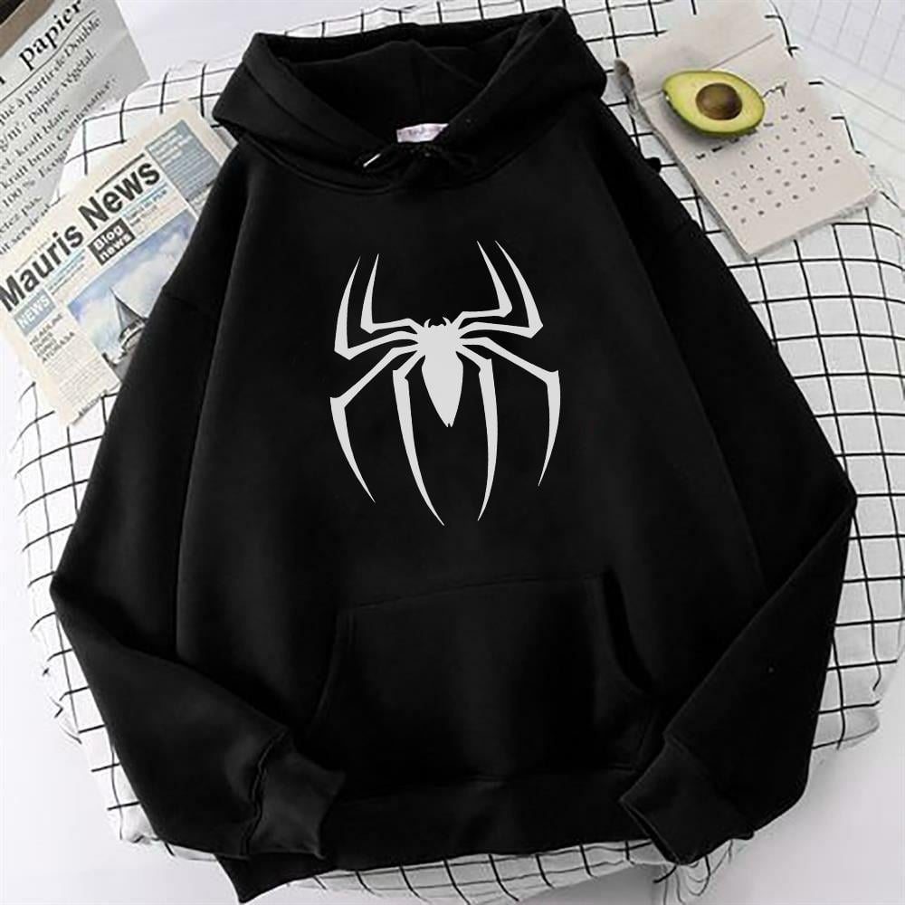 Örümcek Baskılı Siyah Oversize Sweatshirt Kapüşonlu Hoodie