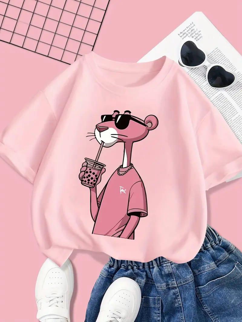 Pembe Panter Baskılı Pembe Tam Kalıp Kız Çocuk Anne KombinTişört Tshirt
