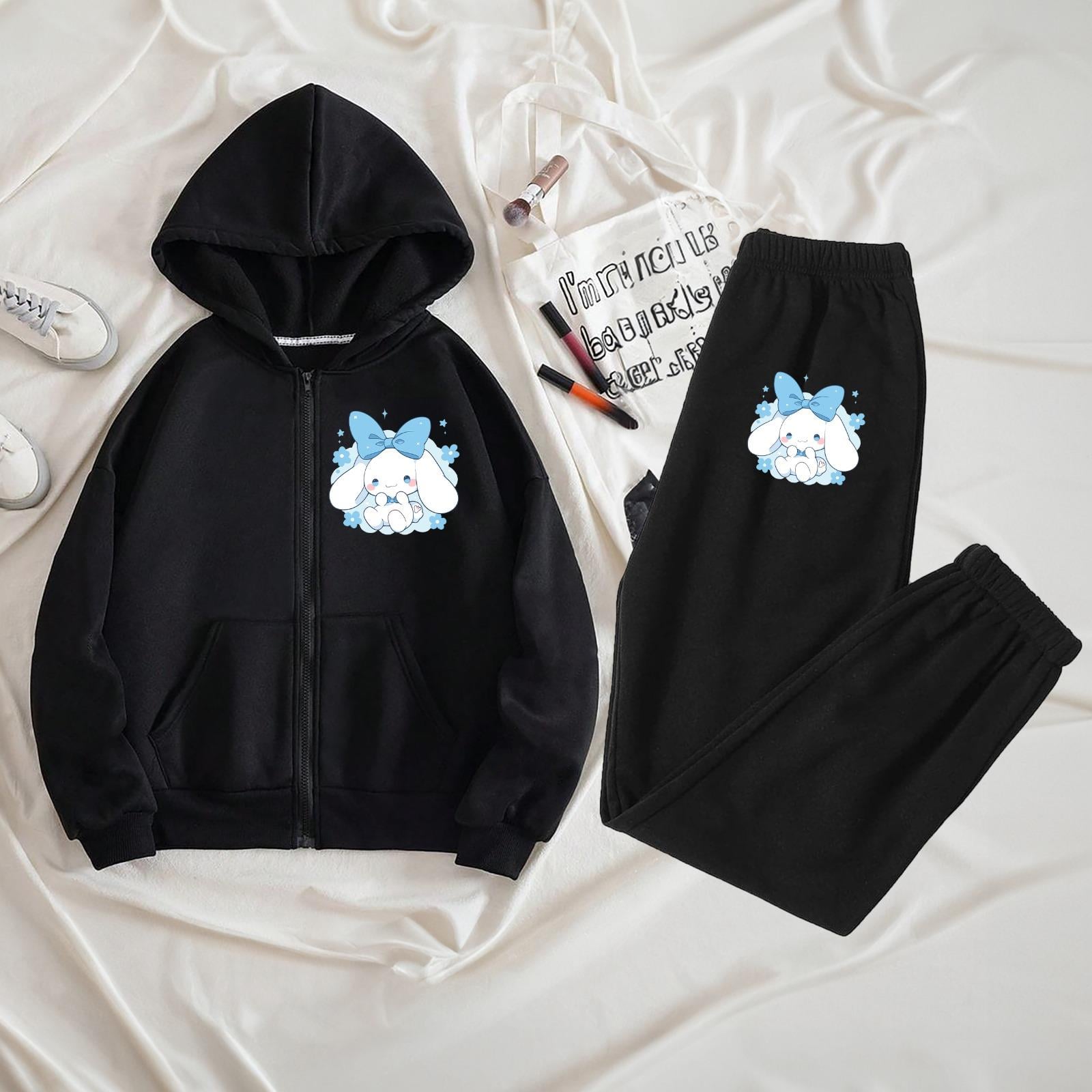 Sevimli Tavşan Baskılı Fermuarlı Kapüşonlu Eşofman Takımı