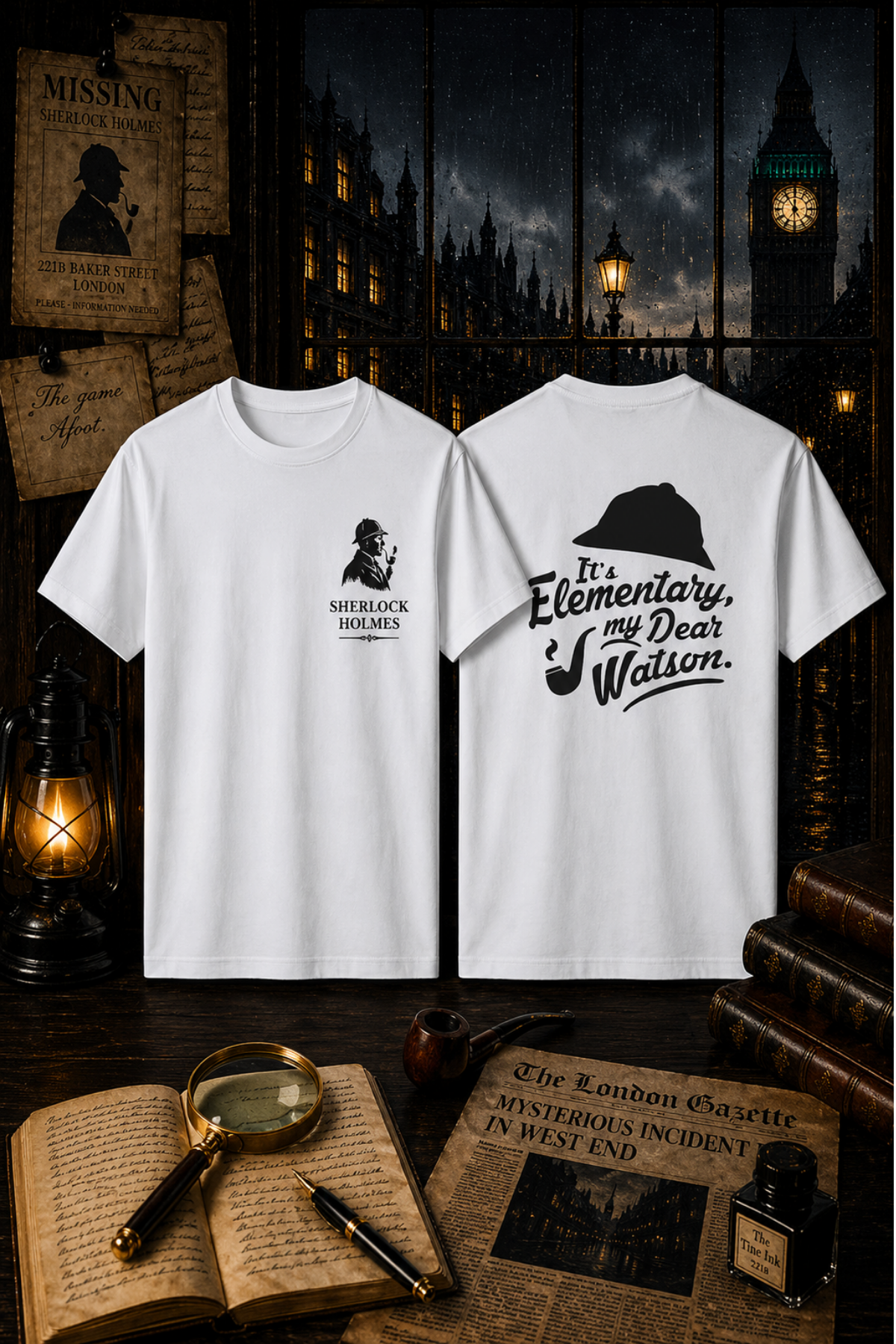 Sherlock Holmes 3 Ön Arka Baskılı Beyaz Unisex Tişört Tshirt 