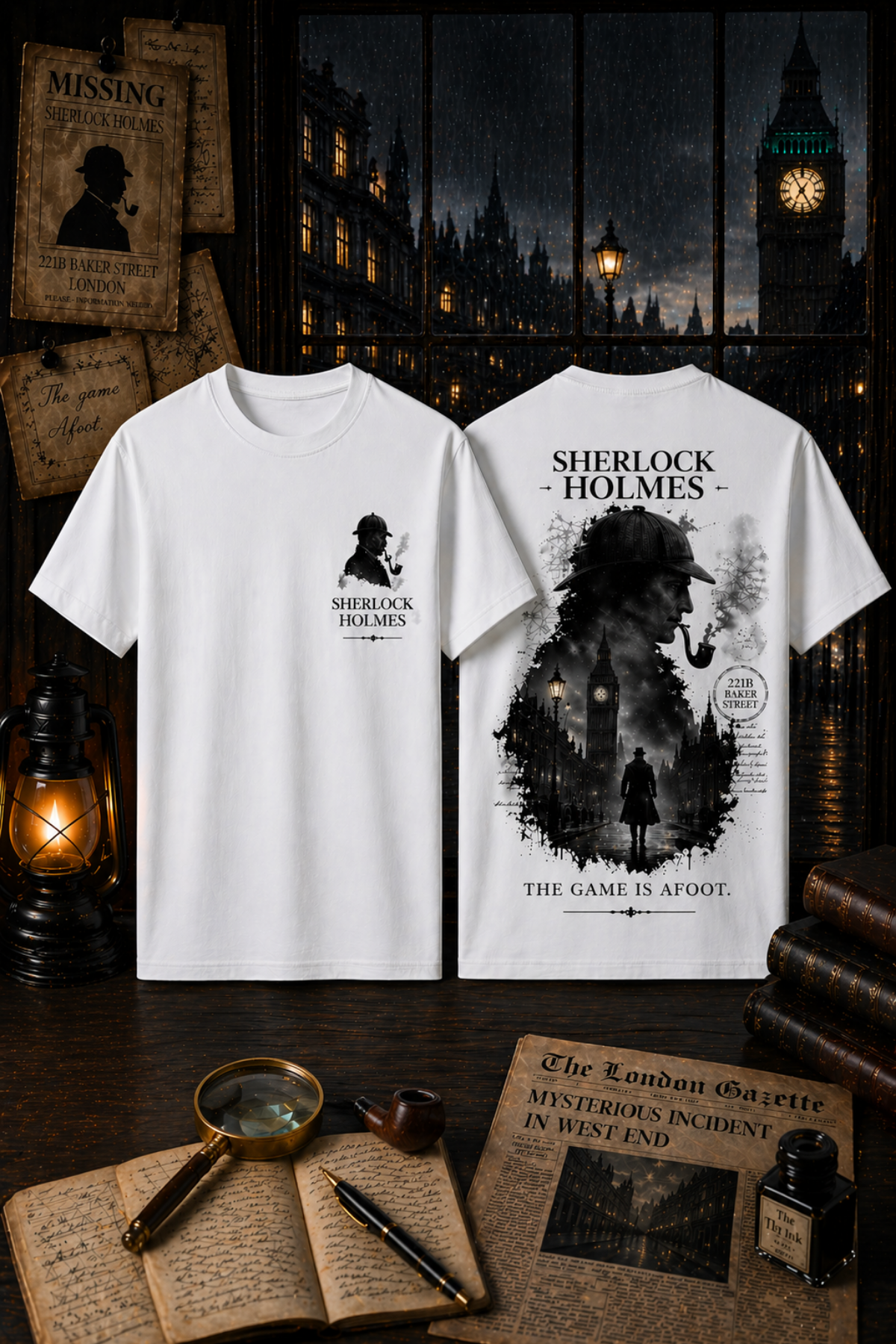 Sherlock Holmes Ön Arka Baskılı Beyaz Unisex Tişört Tshirt 