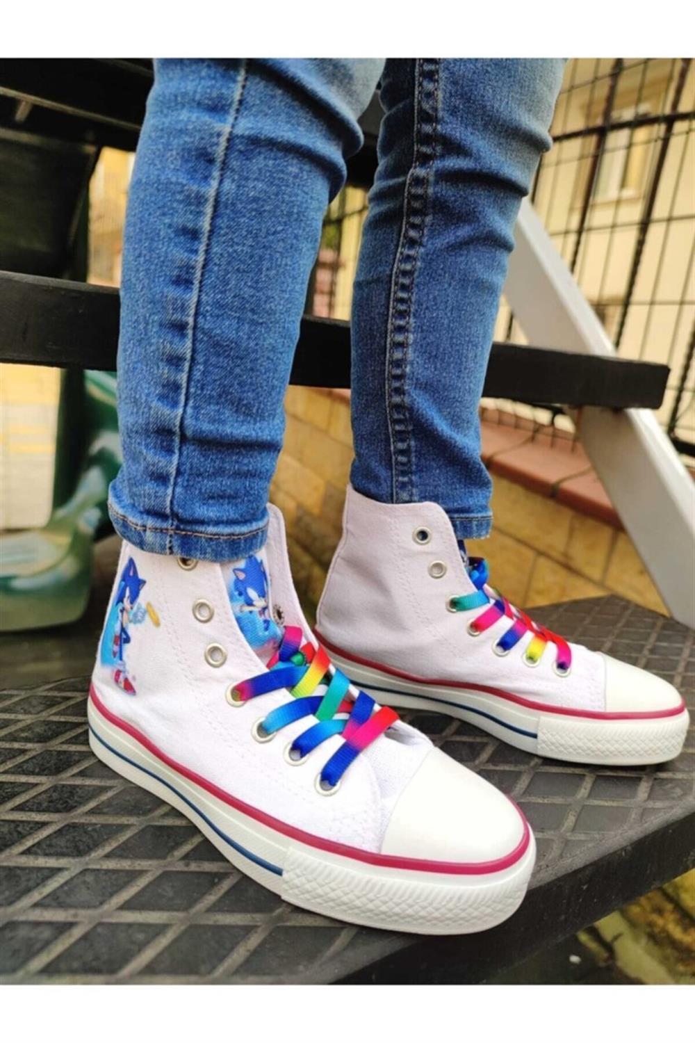Sonic Baskılı Keten Spor Ayakkabı Beyaz Sneakers