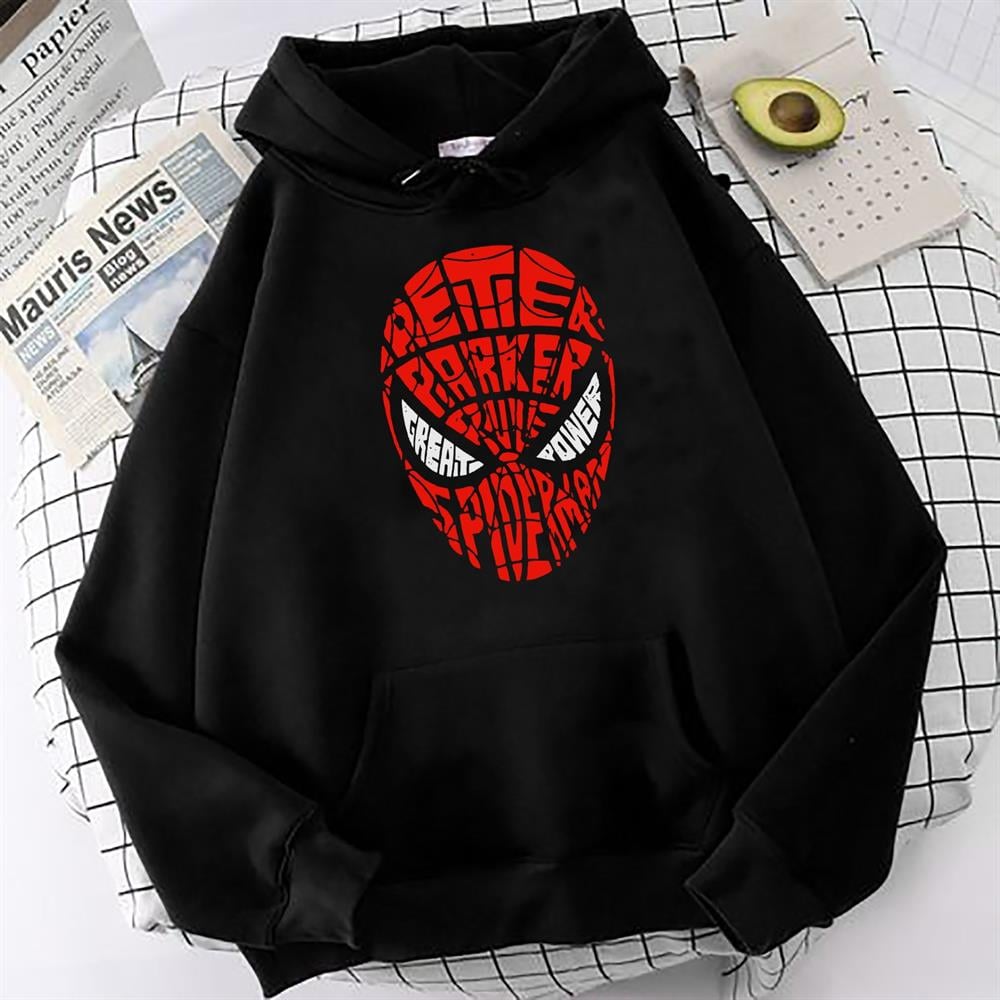 Spiderman Baskılı Siyah Oversize Sweatshirt Kapüşonlu Hoodie