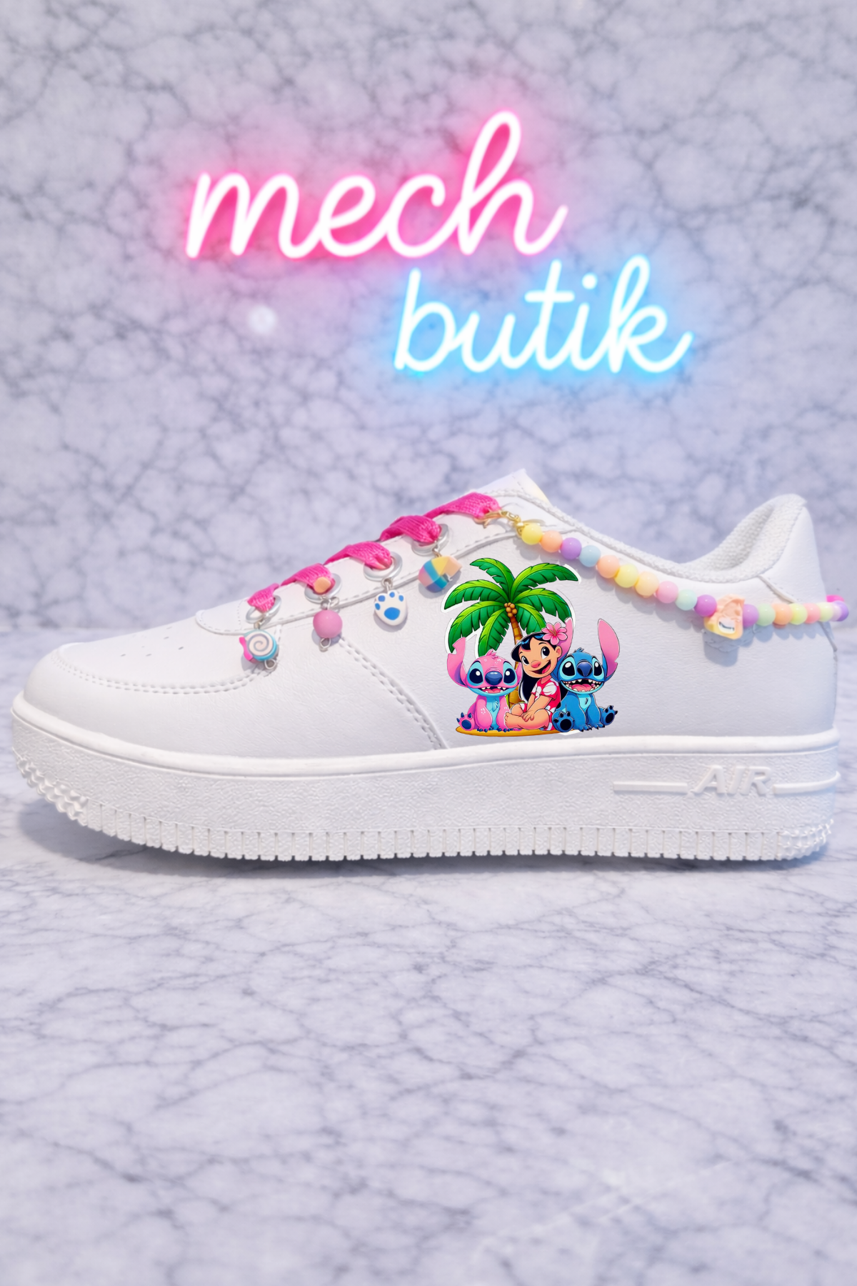 Stitch 3lü Baskılı Beyaz Boncuk Ve Halhallı Spor Ayakkabı Sneaker 