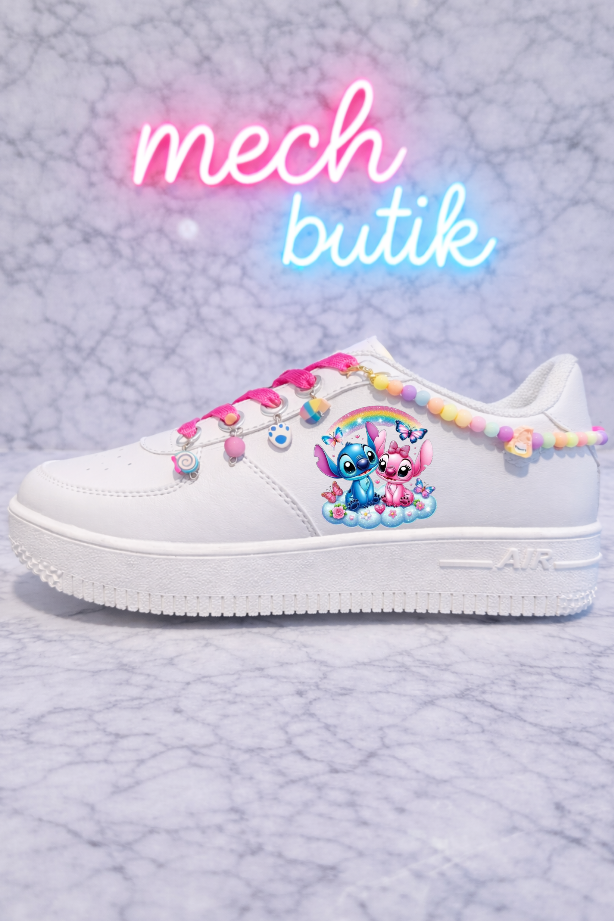 Stitch Gökkuşağı Baskılı Beyaz Boncuk Ve Halhallı Spor Ayakkabı Sneaker 