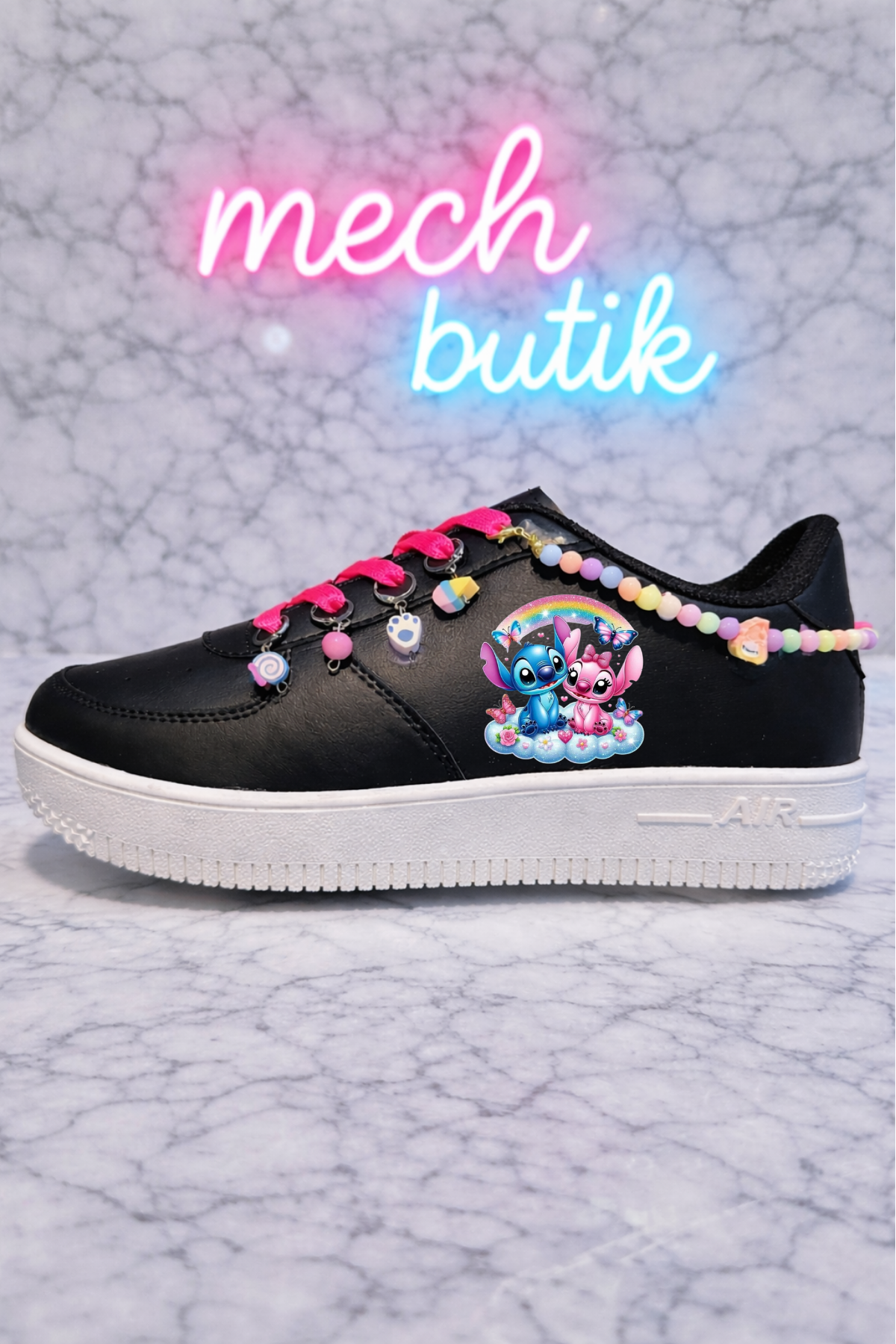 Stitch Gökkuşağı Baskılı Siyah Boncuk Ve Halhallı Spor Ayakkabı Sneaker 