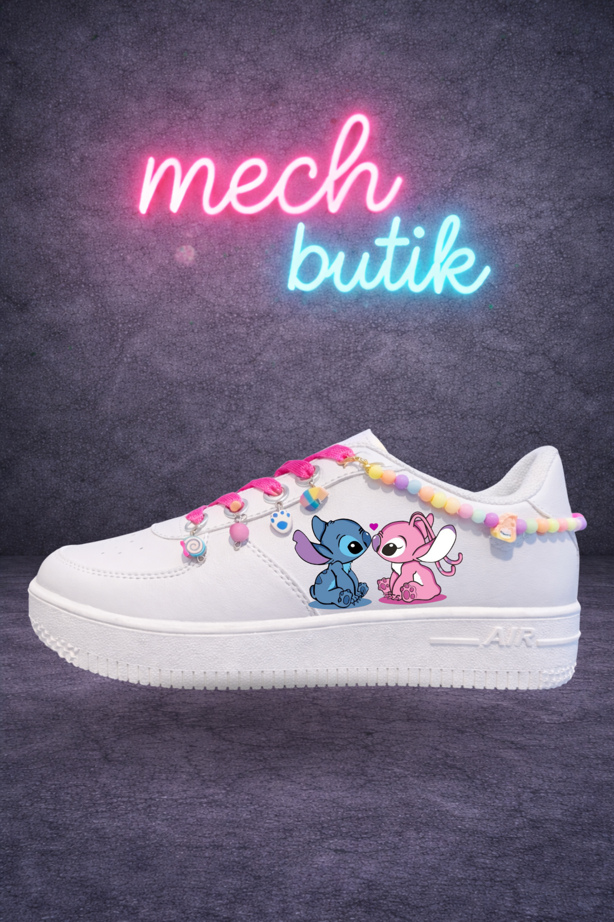 Stitch Love Baskılı Beyaz Boncuk Ve Halhallı Spor Ayakkabı Sneaker 