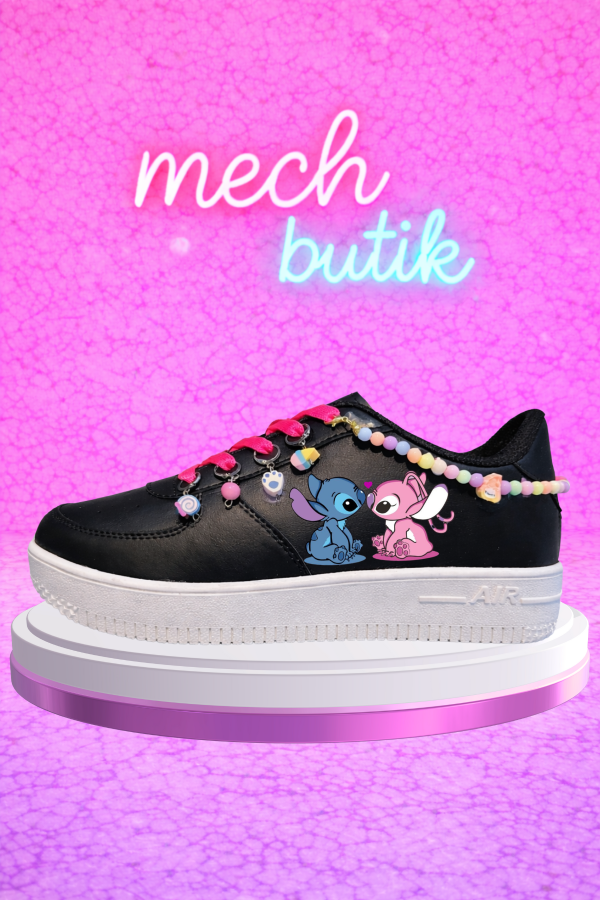 Stitch Love Baskılı Siyah Boncuk Ve Halhallı Spor Ayakkabı Sneaker 