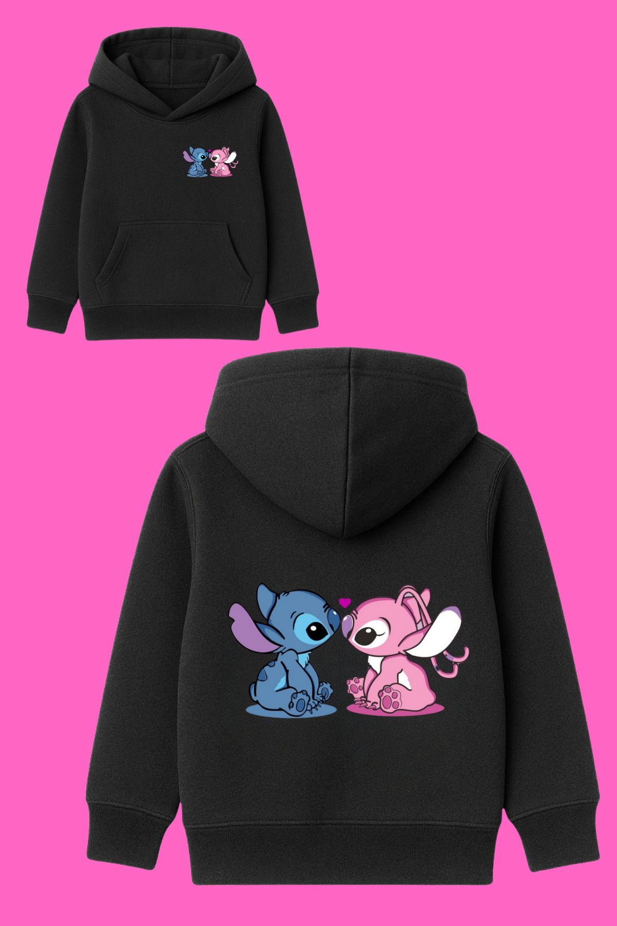 Stitch Love Baskılı Siyah Kapüşonlu Sweatshirt 