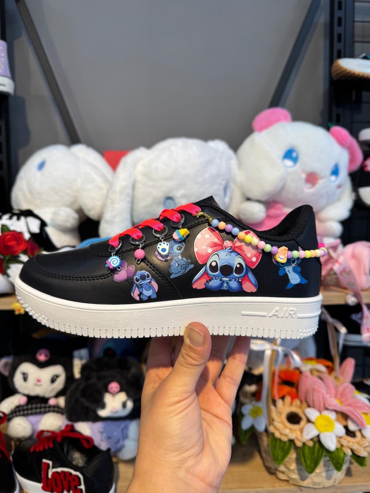 Stitch Mix Baskılı Siyah Boncuk Ve Halhallı Spor Ayakkabı Sneaker 