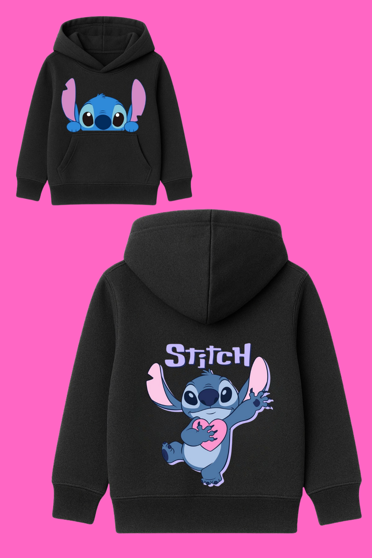 Stitch Ön Arka Baskılı Siyah Kapüşonlu Sweatshirt 