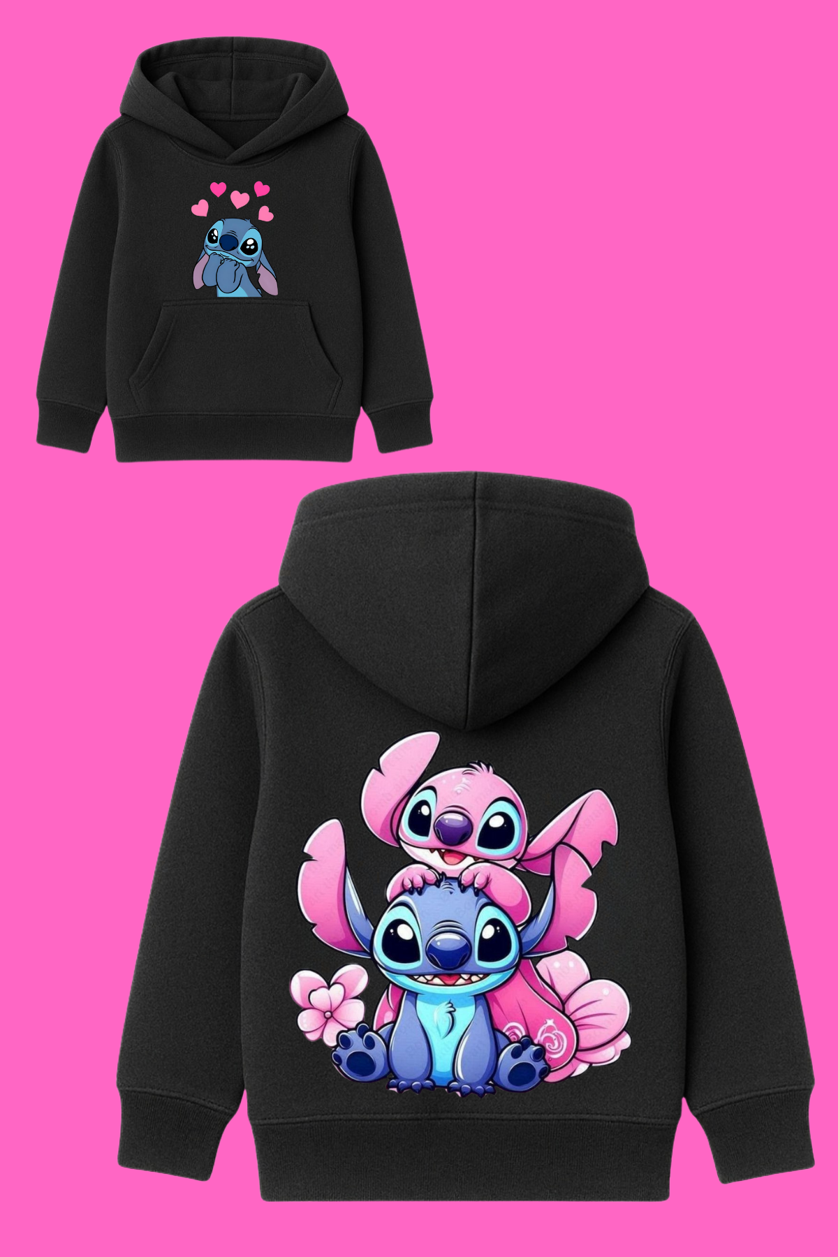 Stitch Ön Kalp Arka İkili Baskılı Siyah Kapüşonlu Sweatshirt 
