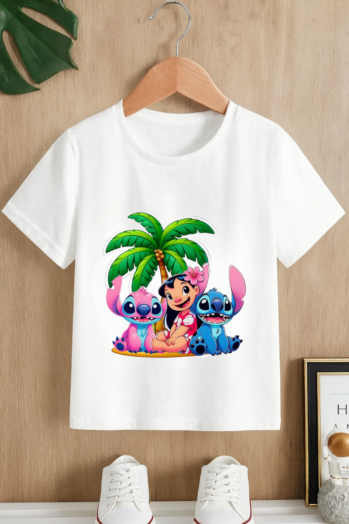 Stitch Palmiye Baskılı Beyaz T-shirt Tişört 