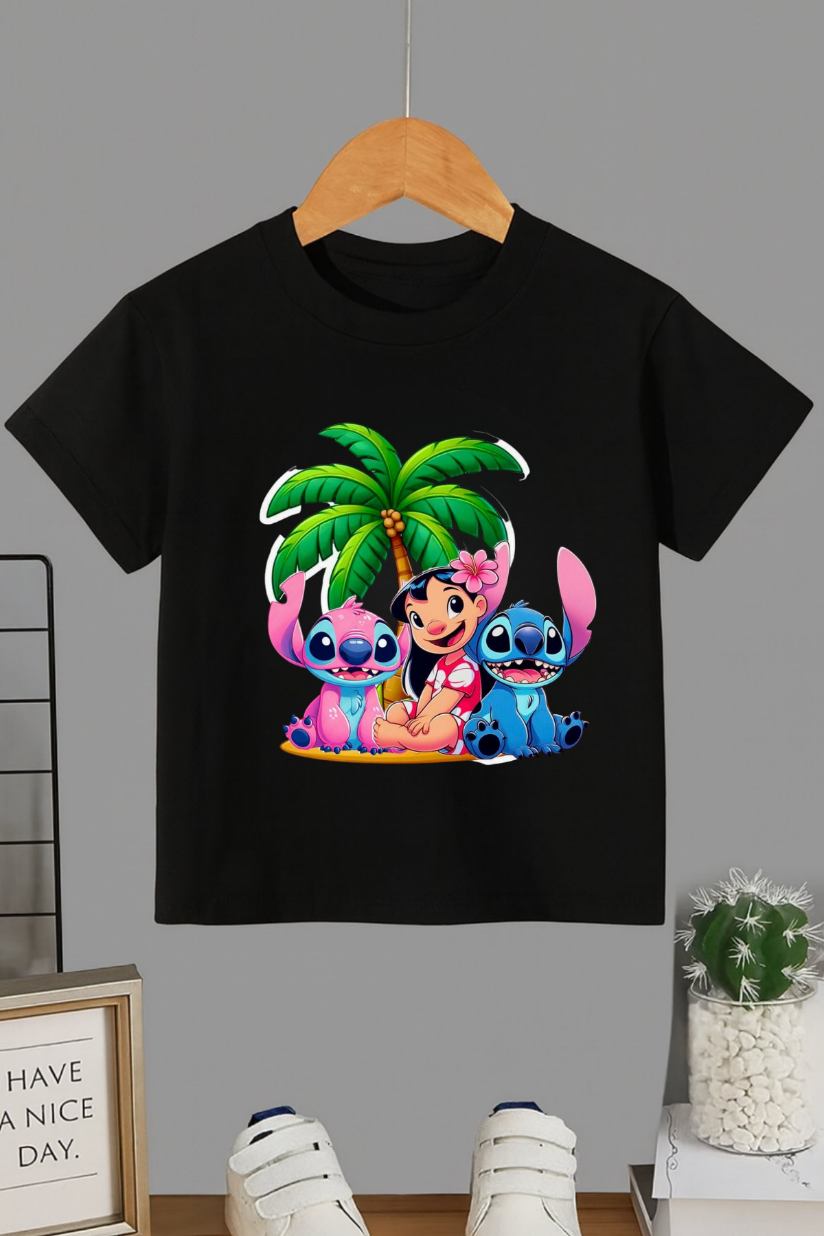 Stitch Palmiye Baskılı Siyah T-shirt Tişört 