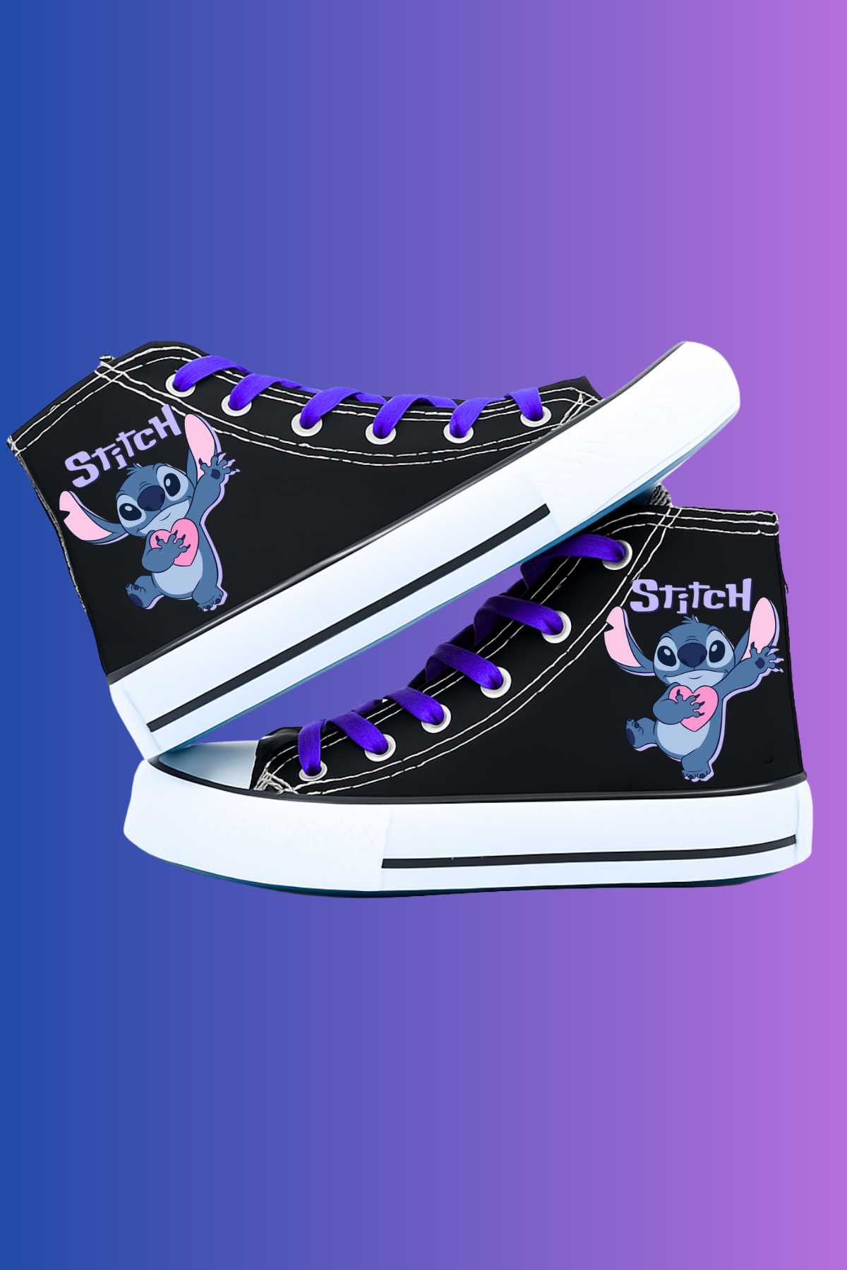 Stitch Yazı Baskılı Siyah Bilekli Keten Ayakkabı Sneaker
