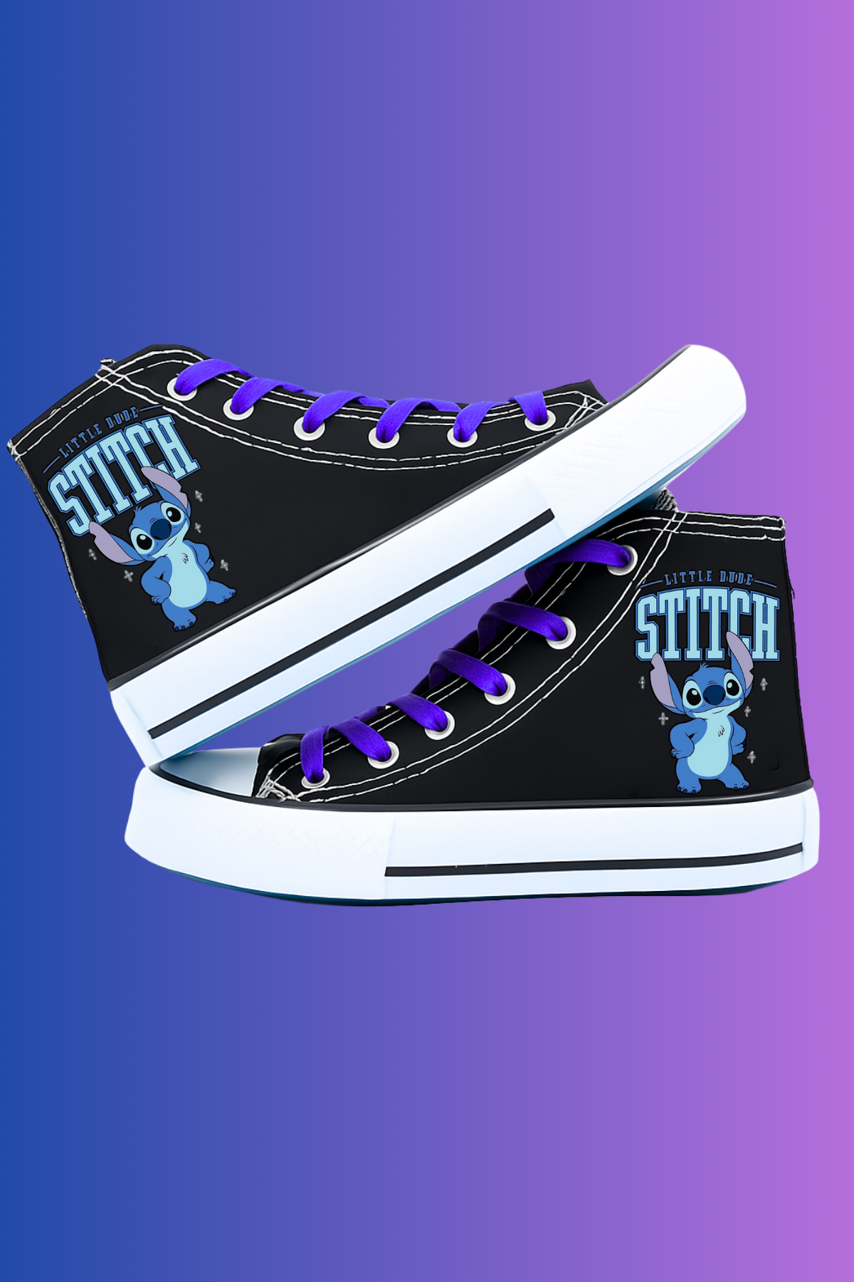 Stitch Yeni Yazı Baskılı Siyah Bilekli Keten Ayakkabı Sneaker