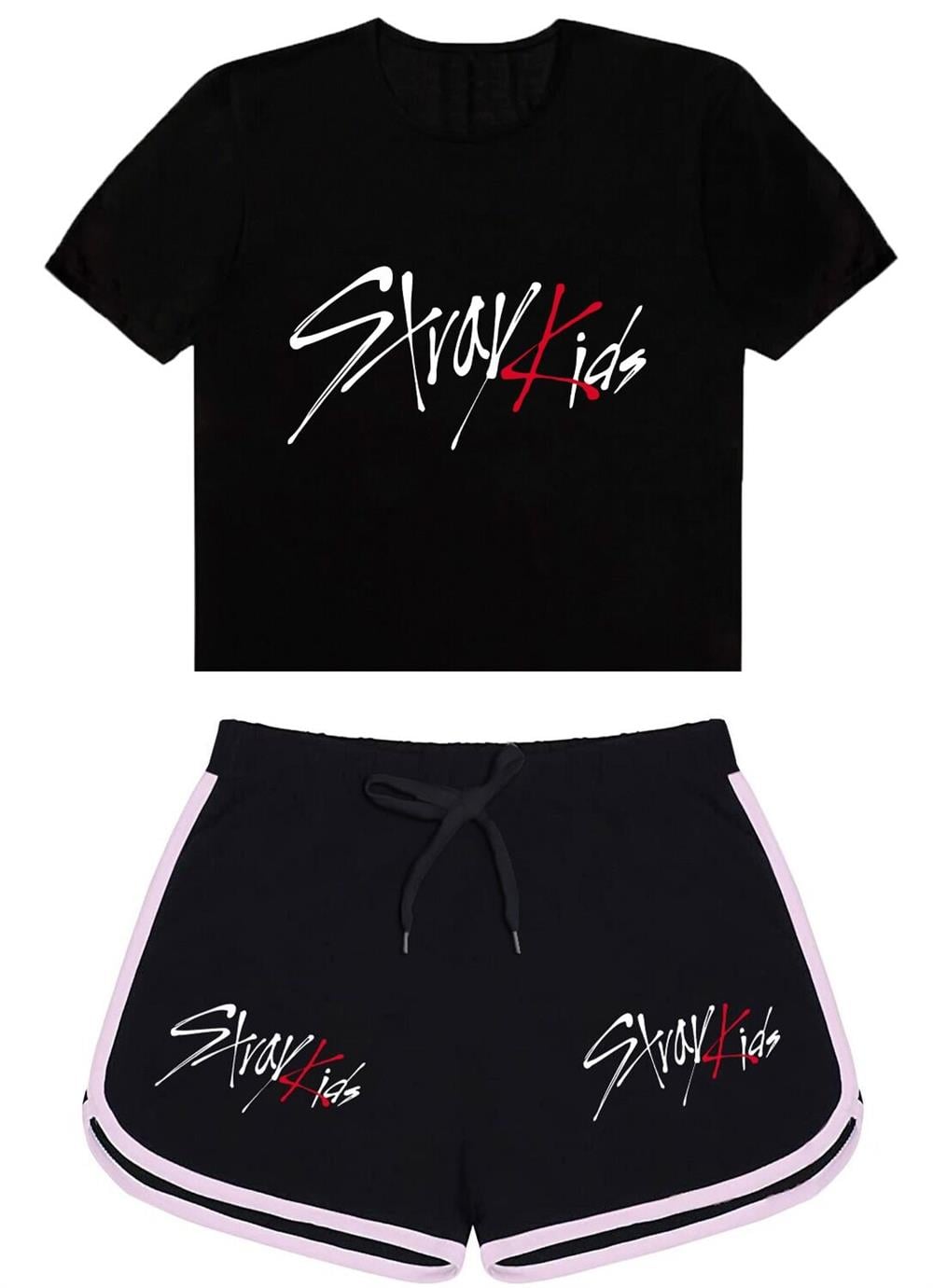 StrayKids Baskılı Siyah Tshirt Ve Straykids  Baskılı Siyah Şort Kombin