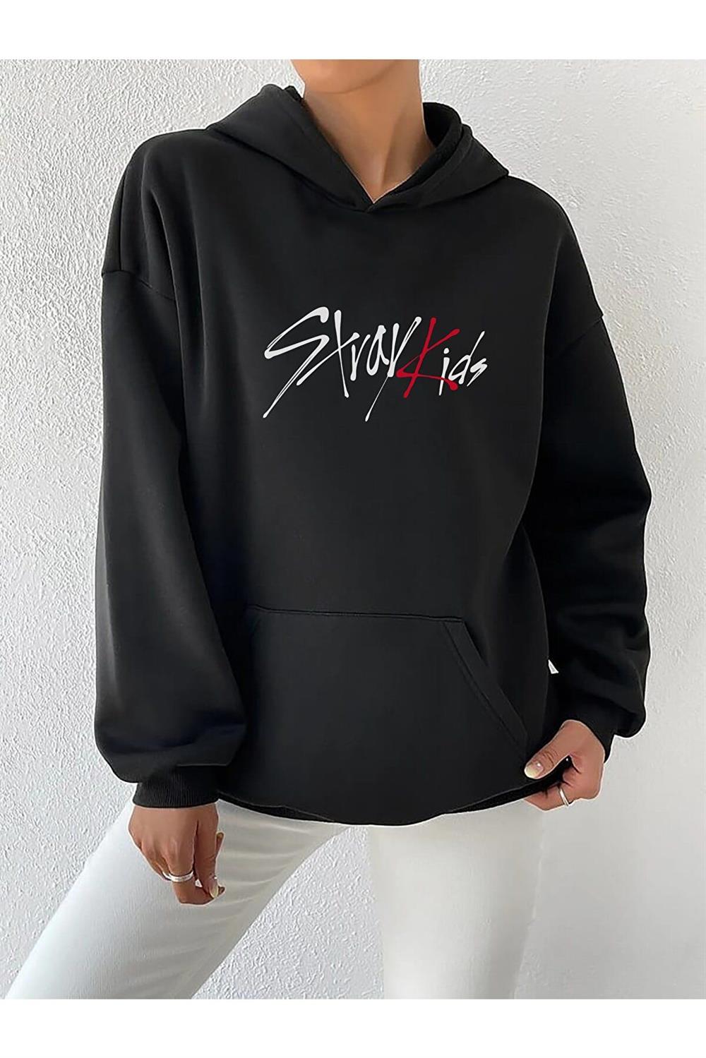 StrayKids Baskılı Siyah Unisex Siyah Kapüşonlu Sweatshirt