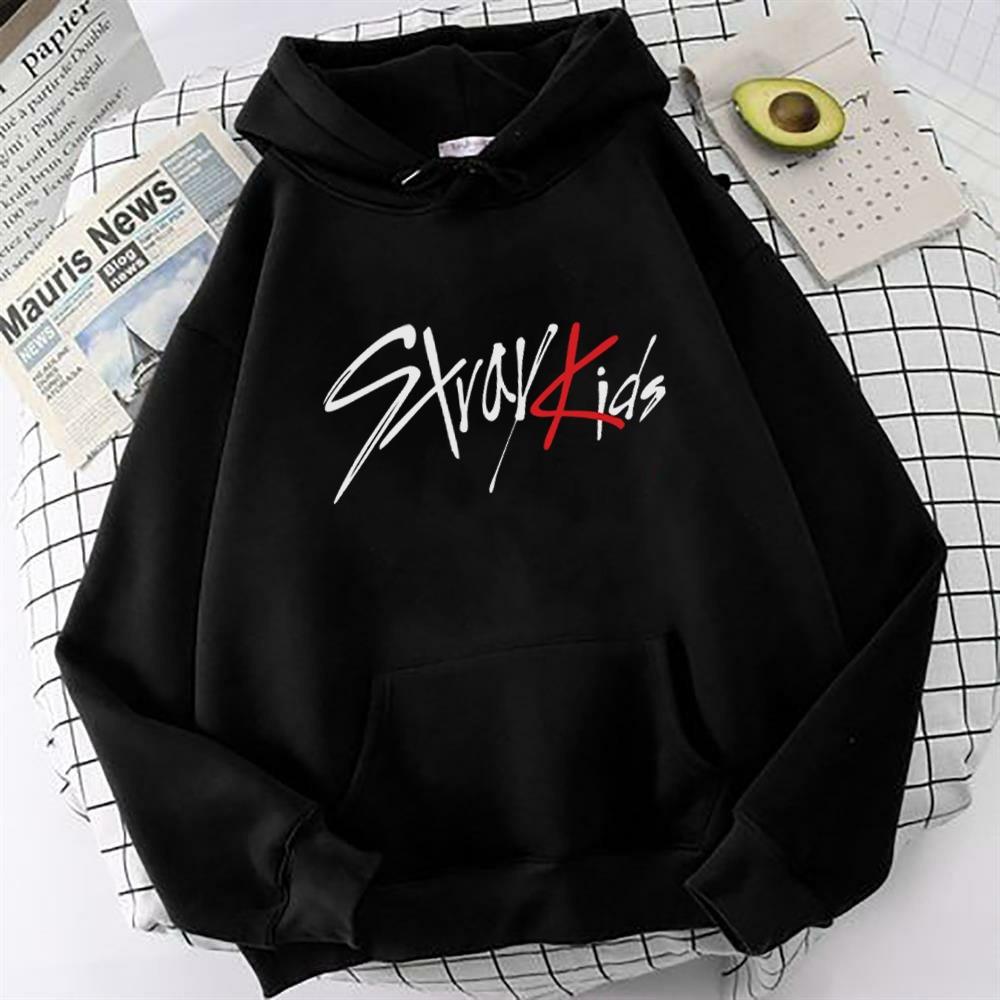 StrayKids Ön Baskılı Siyah Oversize Sweatshirt Kapüşonlu Hoodie
