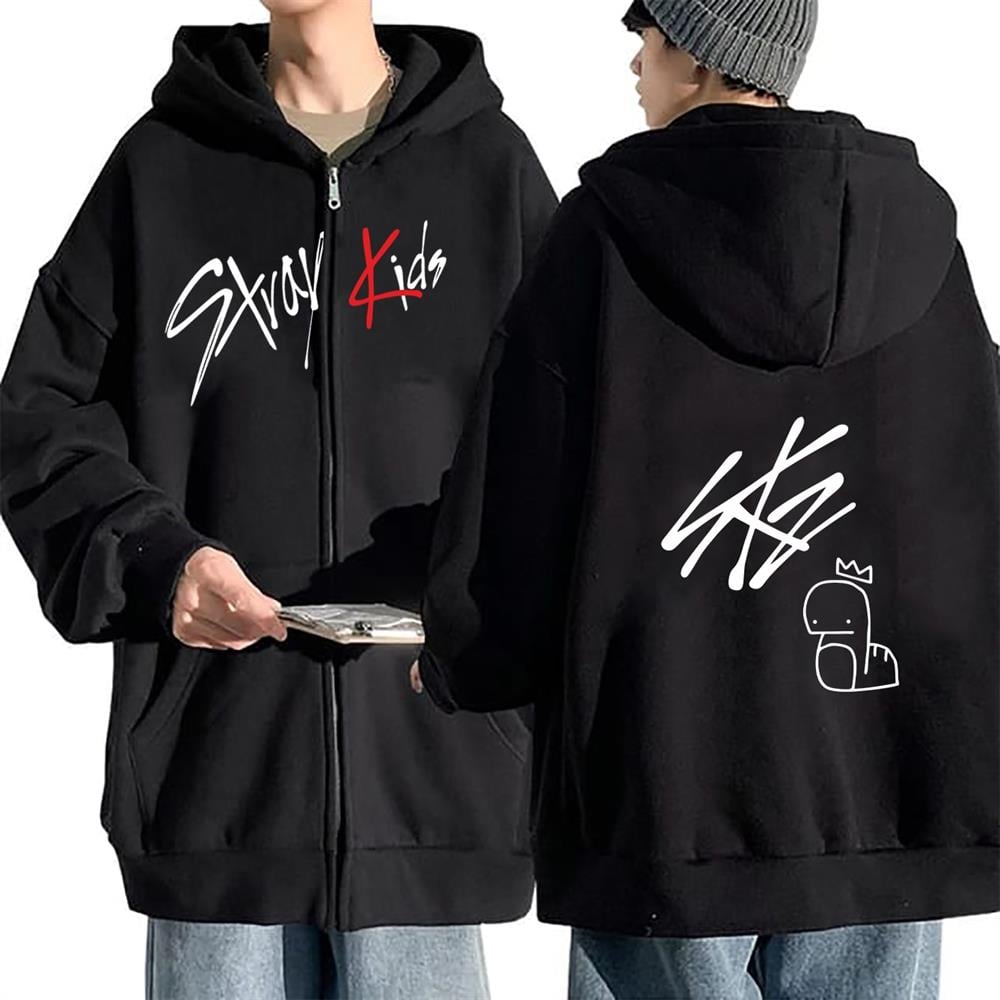 StrayKids Ön Ve Sırt Baskılı Siyah Fermuarlı Hırka Sweatshirt