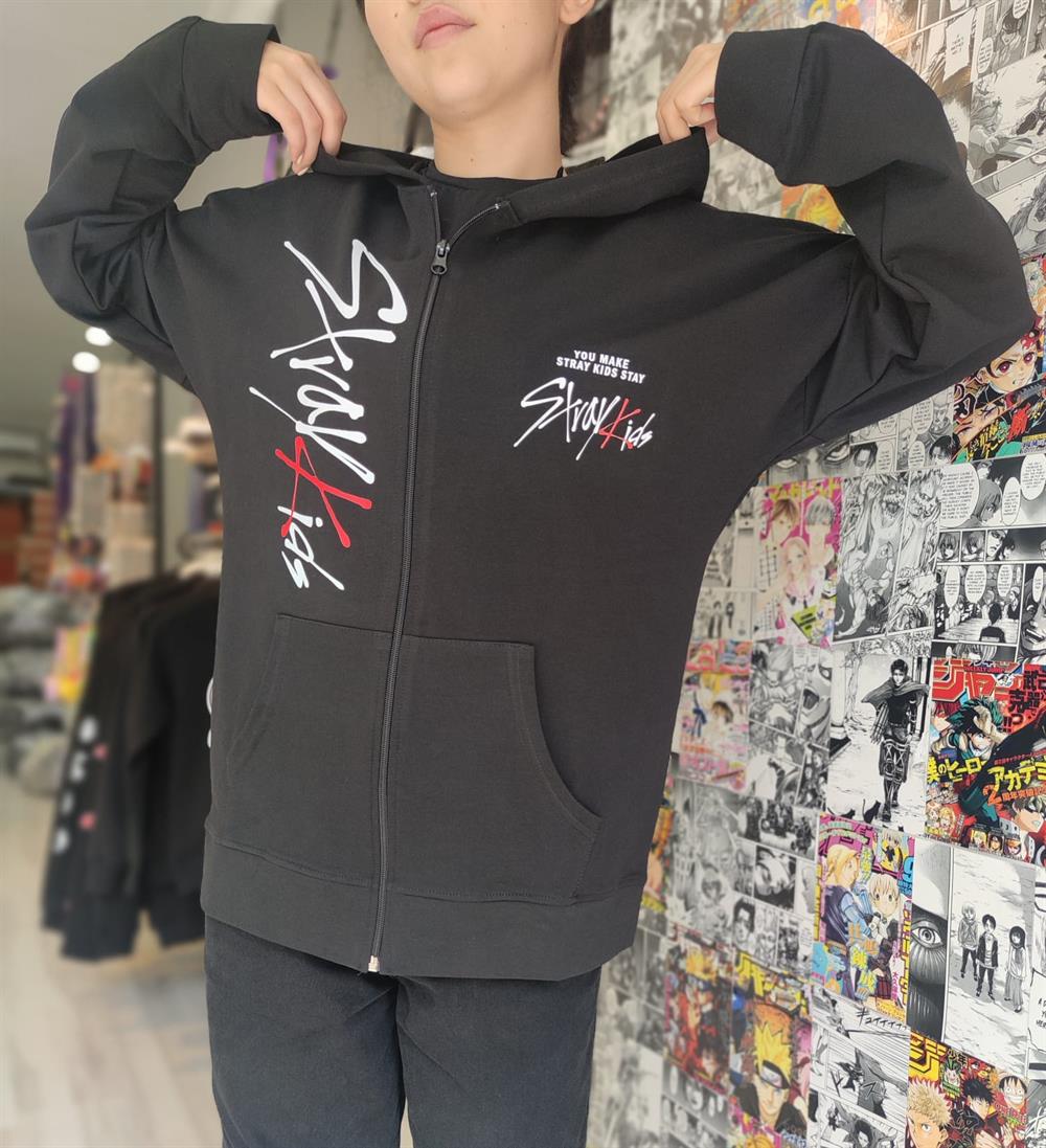 Straykids Siyah Unisex Fermuarlı Kapüşonlu Sweatshirt